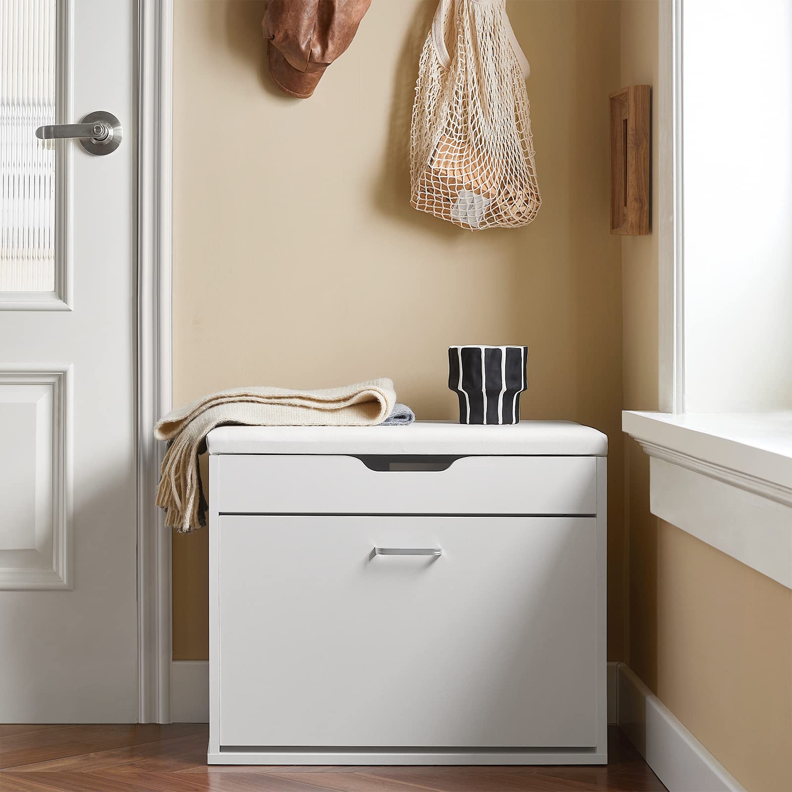 SoBuy Banco Zapatero con Solapa 60x30x50cm para recibidor | Mueble estrecho con asiento acolchado y almacenaje oculto, carga 150kg, blanco FSR95-W