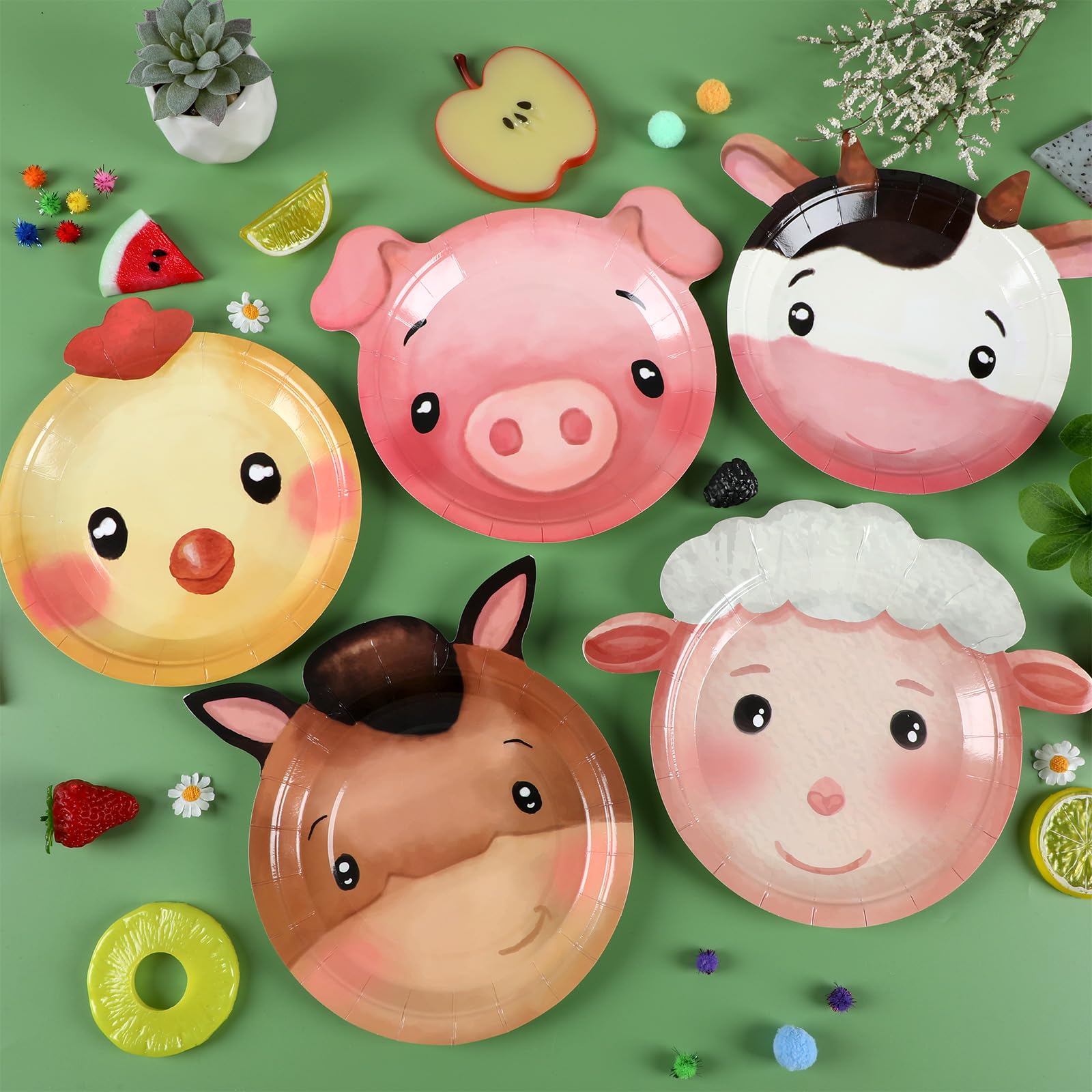 50 platos de papel desechables con forma de animales de granja, platos desechables con forma de granja, platos de cumpleaños de granja, platos de fiesta temáticos de animales de acuarela para