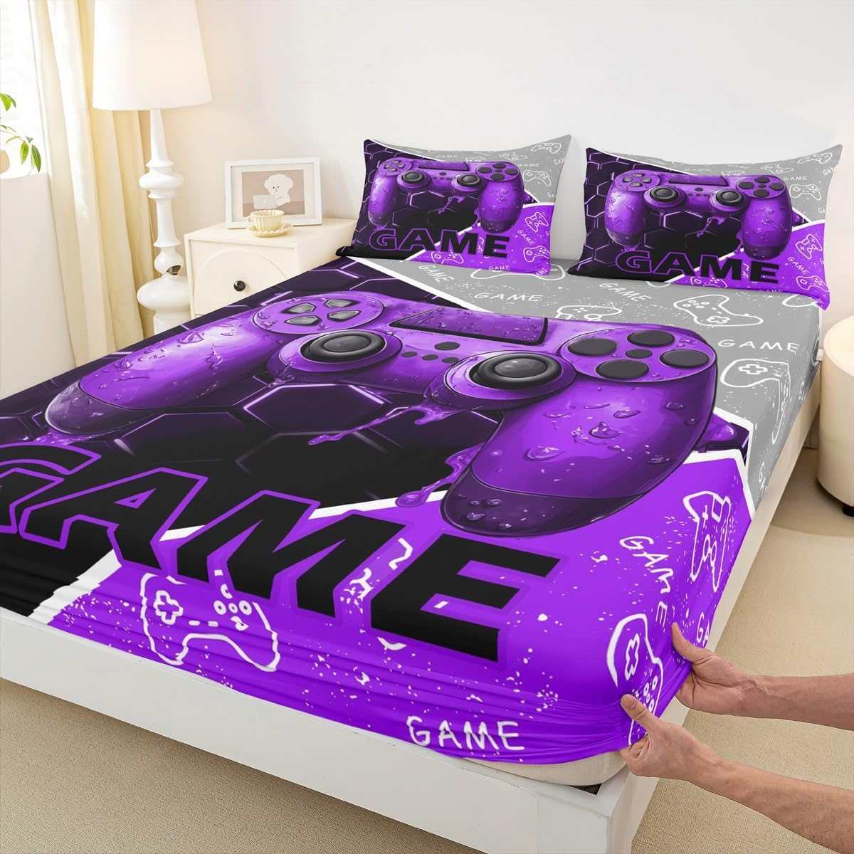 Gaming Boys Fitted Sheet Queen Size,Purple Video Game Consoles Gamepad Mattress Cover with 2 Pillowcases,Honeycomb Gamer Room Decor Deep Pocket Bed Sheet for Kids Boys (No Top Sheet)