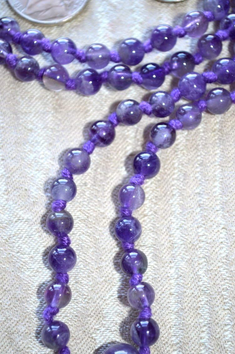 CHEVRON AMETHYST HAND KNOTTED JAPA MALA 6 MM BEADS TOP GRADE PRAYER NECKLACE. BLESSED ENERGIZED 108+1 HINDU TIBETAN BUDDHIST PRAYER KARMA BEADS SUBHA ROSARY MALA FOR NIRVANA MEDITATION CHANTING OM