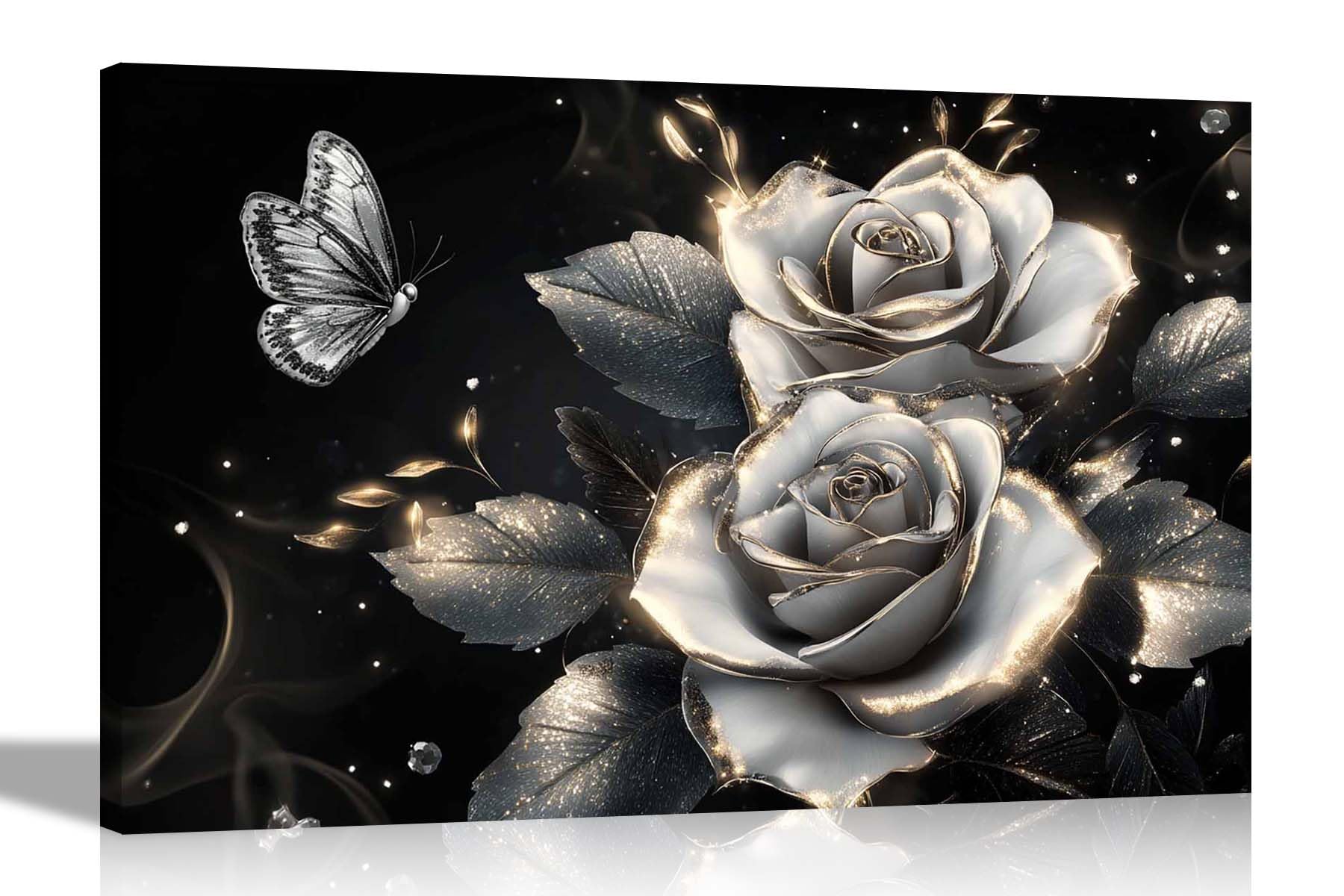 Artley Prints Silver Gold Roses Butterfly - Butterfly Silver Roses Hints Of Gold Canvas Wall Art For Home Office Conservatory Gardening Prints Ready To Hang Pictures Extra Large 101 X 76Cm (40 X 30 Inches)