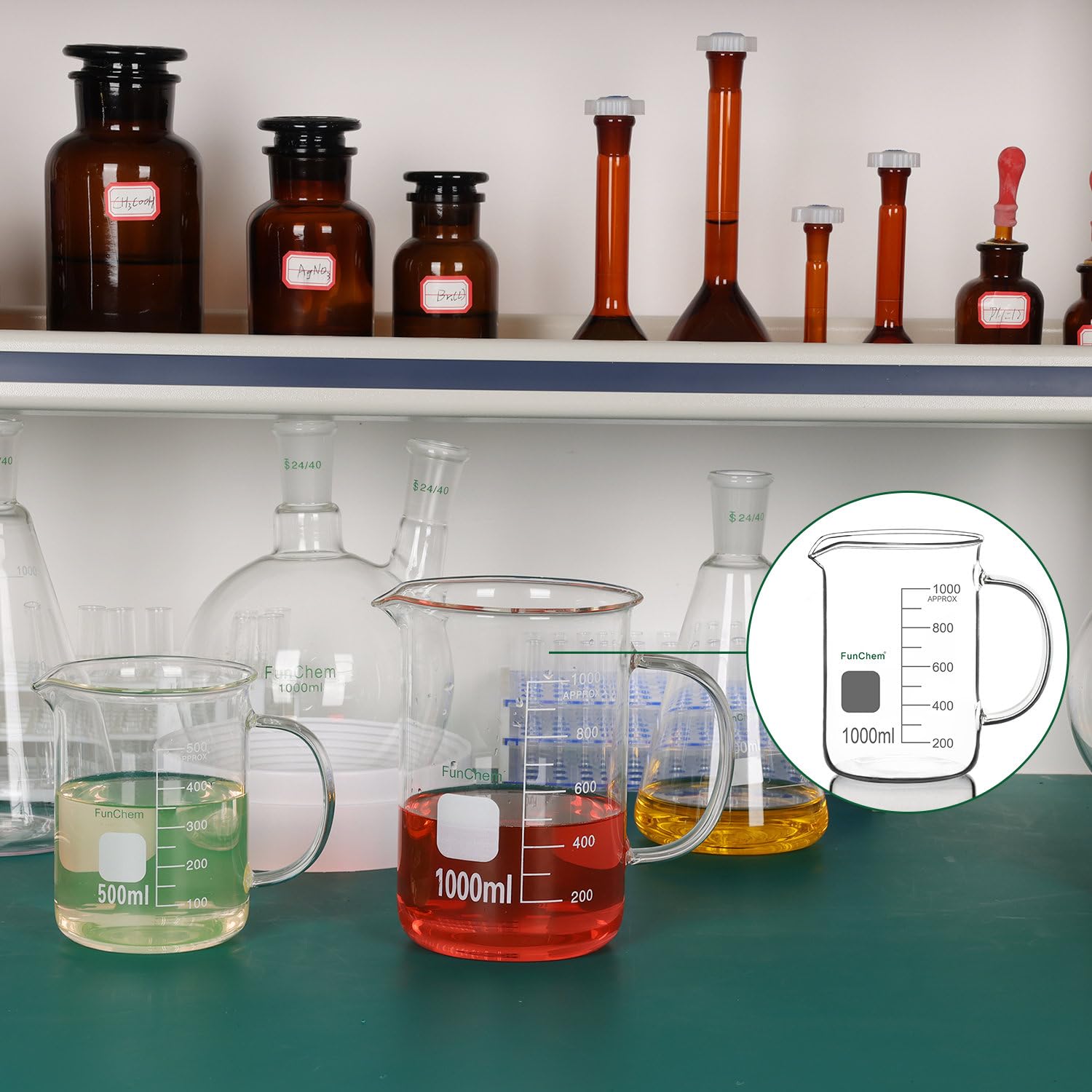 FunChem Bécher avec poignée, verre borosilicate transparent, gradué, forme basse, avec bec verseur, 1000 ml