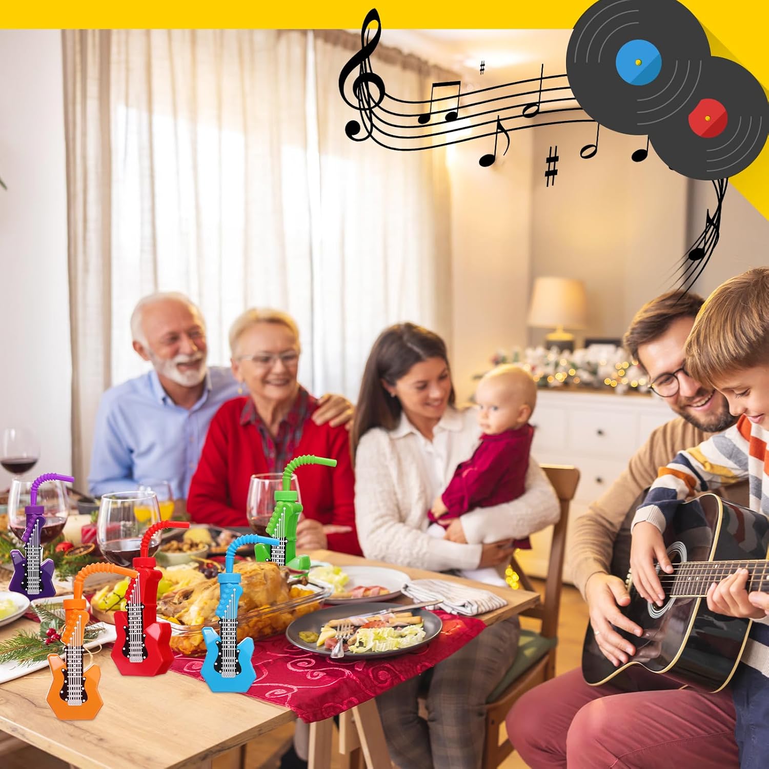 Tanlade 24 Pcs Electric Guitar Cups with Straws 10 oz Plastic Music Theme Cups Rock and Roll Party Favors Retro 80s 90s Birthday Party Supplies for Musical Birthday Baby Shower Guitar Lovers Gifts