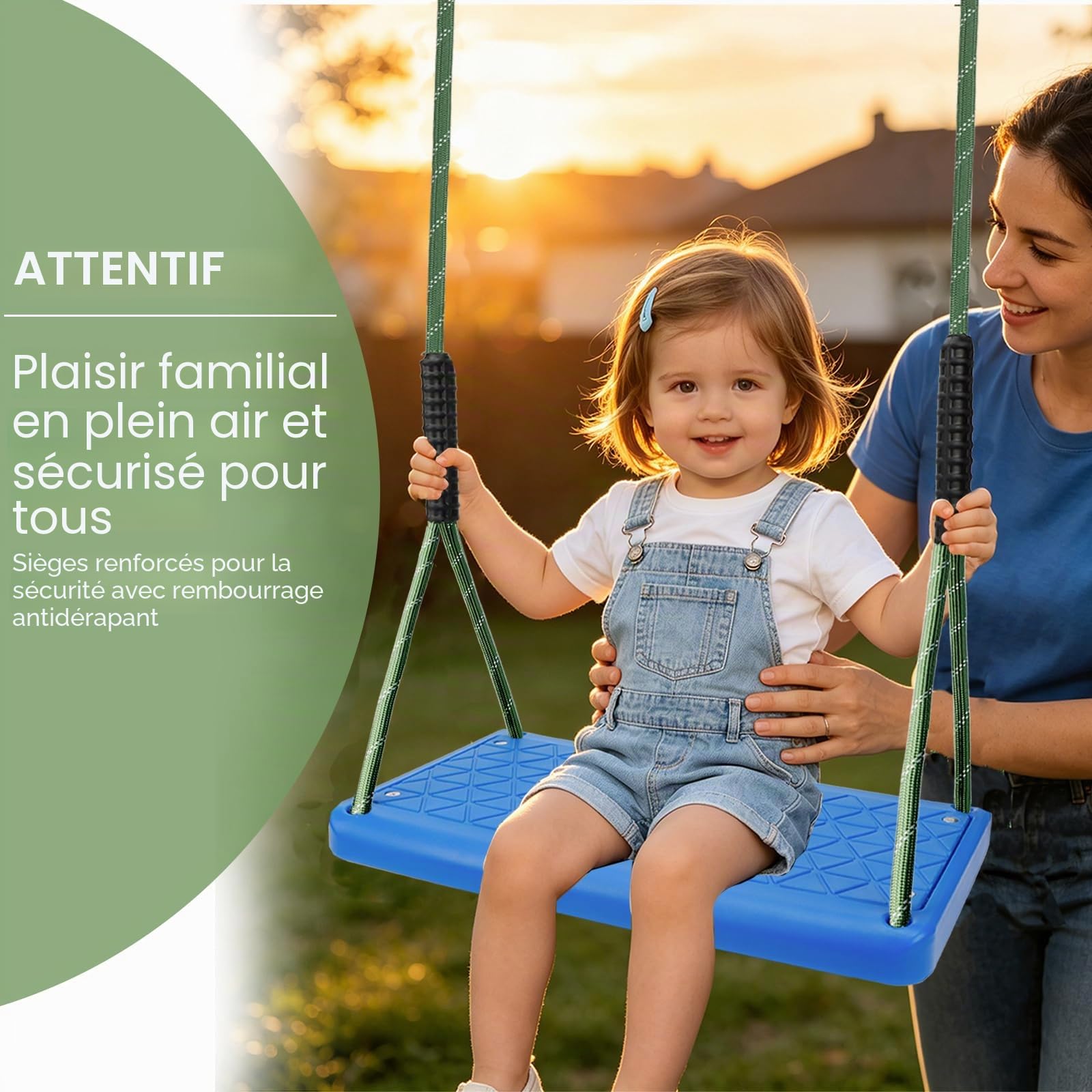 Balançoire de Jardin, en Caoutchouc antidérapant pour intérieur et extérieur avec 2 mousquetons et Corde réglable en Hauteur (1,3m-2m) pour Aire de Jeux, Jardin, Adolescents/Adultes, Bleu,100KG