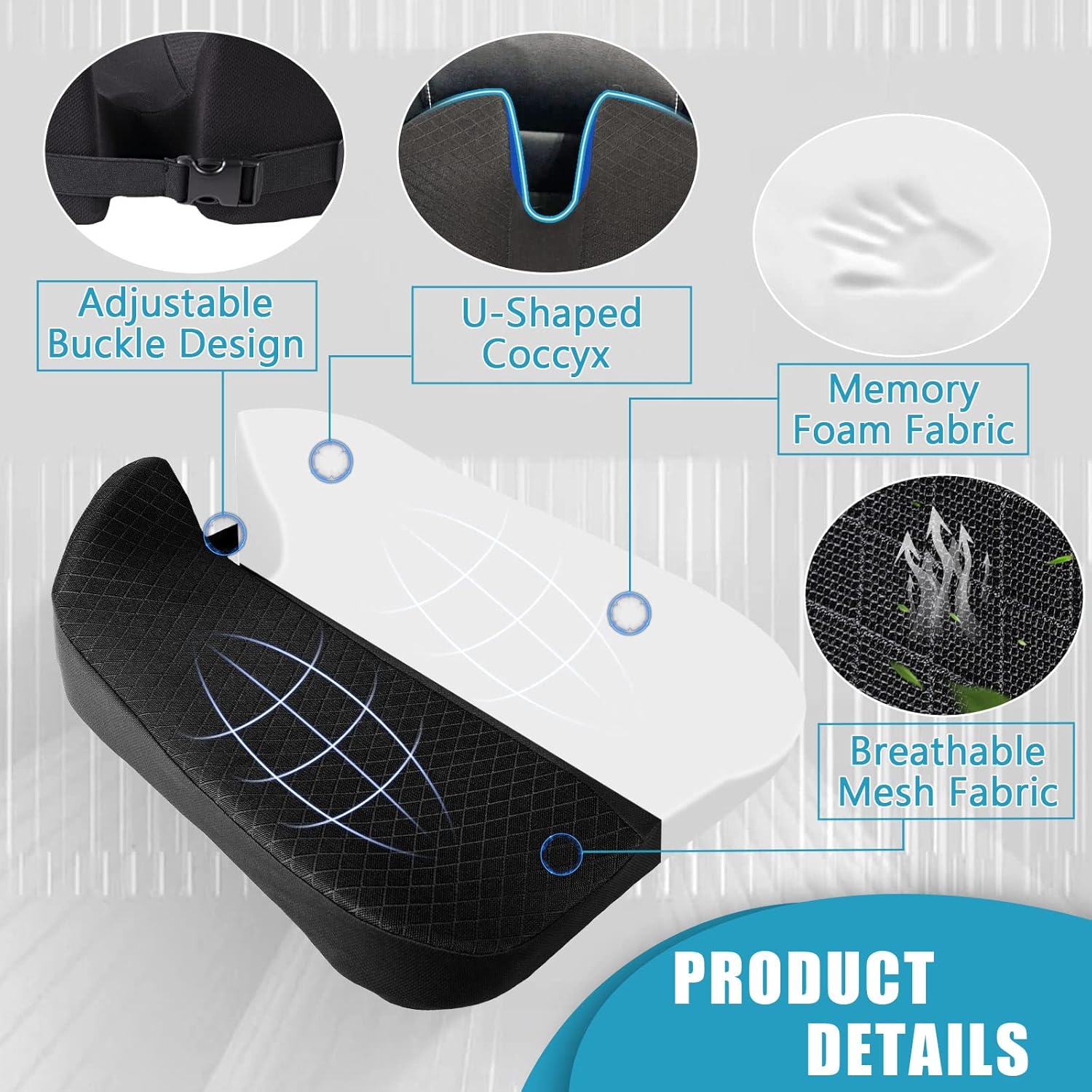 MYFAMIREA Car Coccyx Seat Cushion Longer Office Chair Cushion, Memory Foam Tailbone Heightening Wedge Booste, Fit Hip Shape Lower Back Pain Relief, 3D U-Shape Cushion for Car Seat Driver (Black) - Image 3