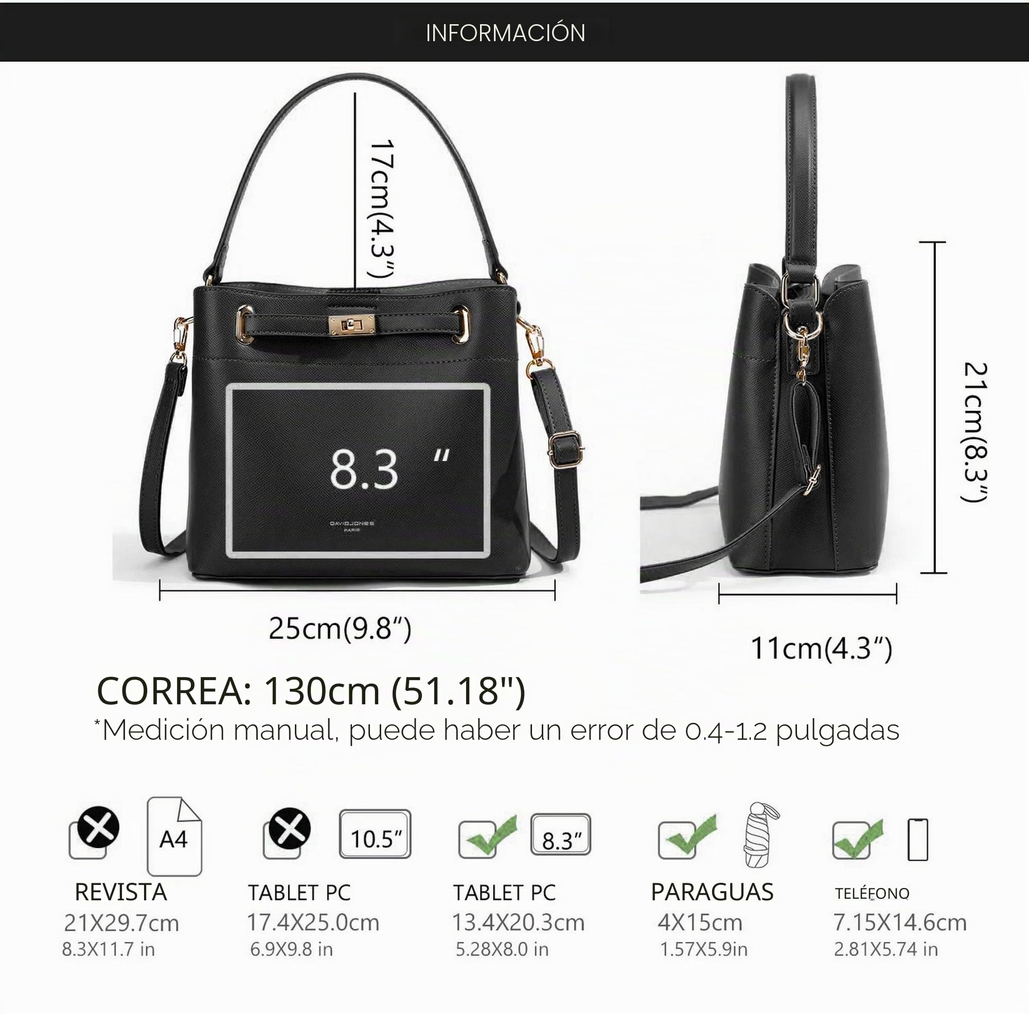 David Jones – Bolso de mano con cubo de hombro – Bandolera de tamaño mediano – 3 compartimentos con varios bolsillos – Elegante clásico Chic Ville Fashion Designer Bucket Bag