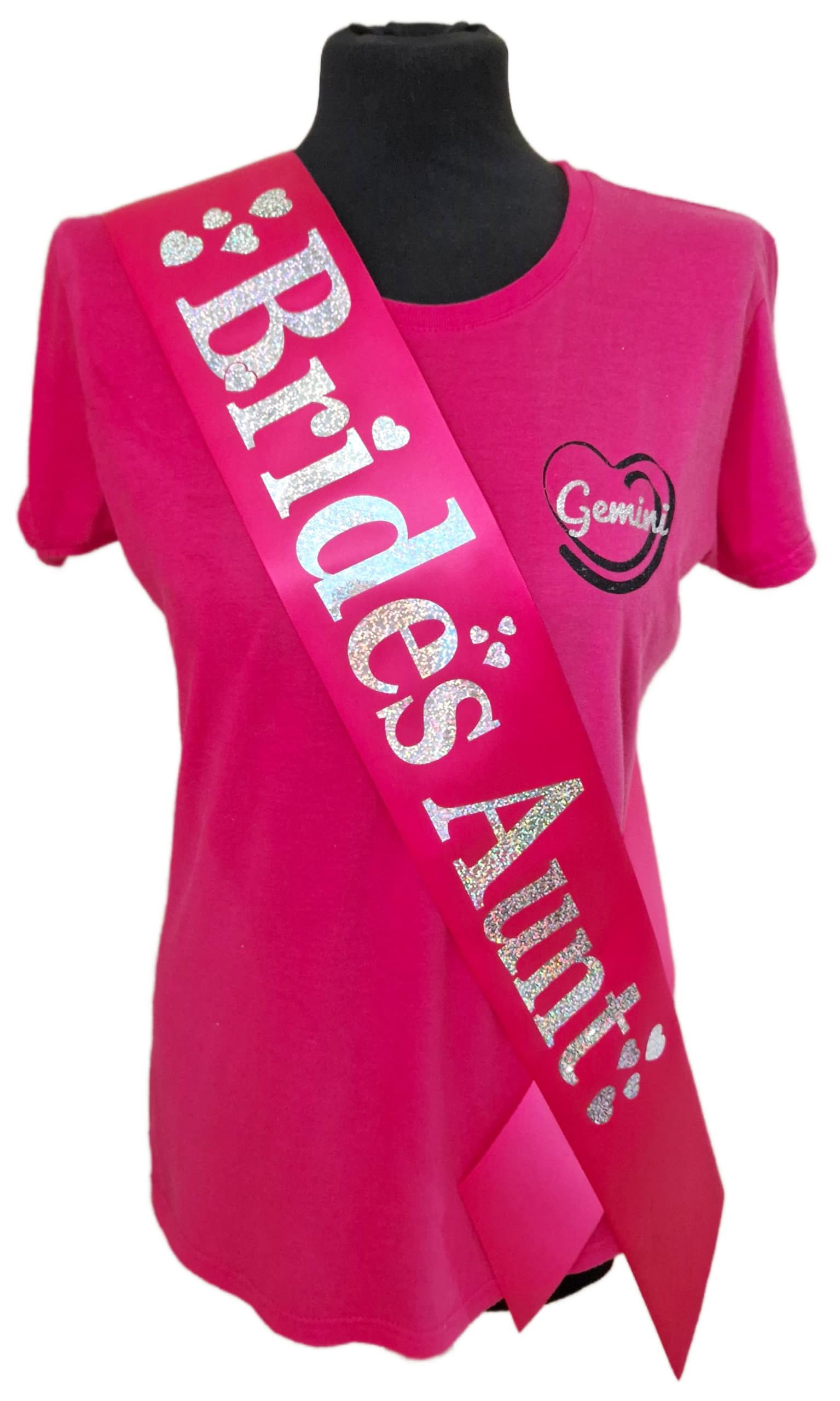 Hen Party Sashes - Beautiful fuchsia satin ribbon with silver holographic text and heart embelishments - Brides Aunt — image 1