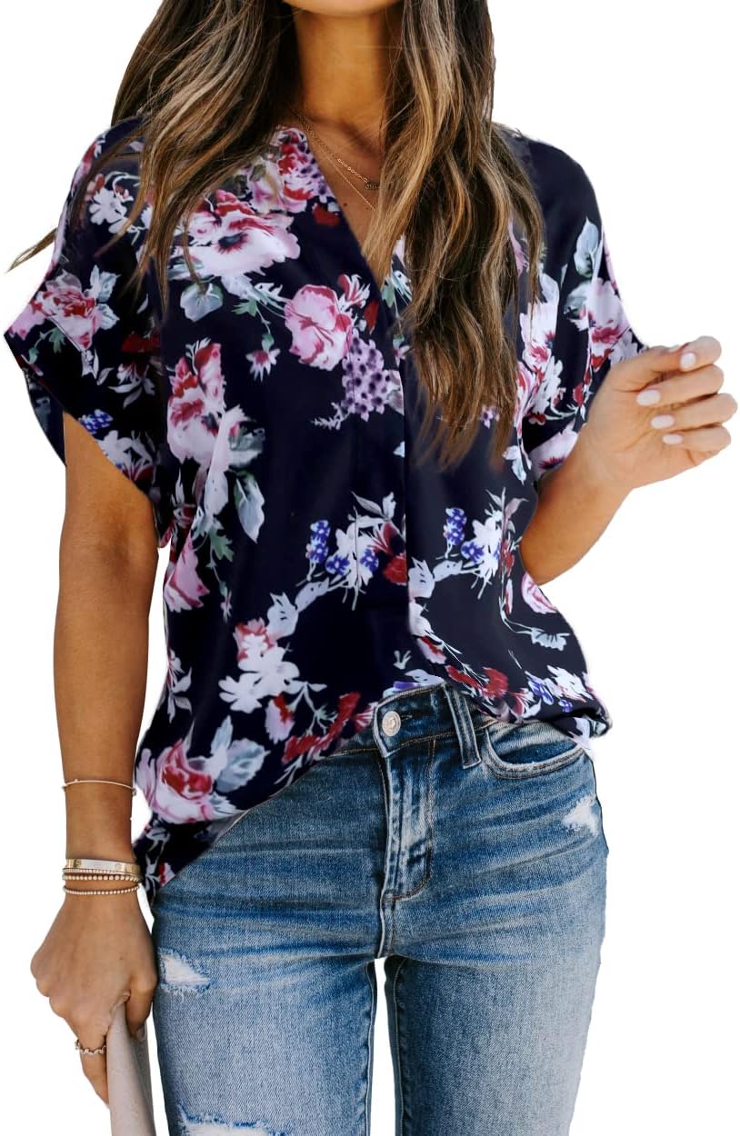 Allimy Women Summer Casual Split V Neckline Floral Chiffon Blouses Loose Tunic Short Sleeve Tops