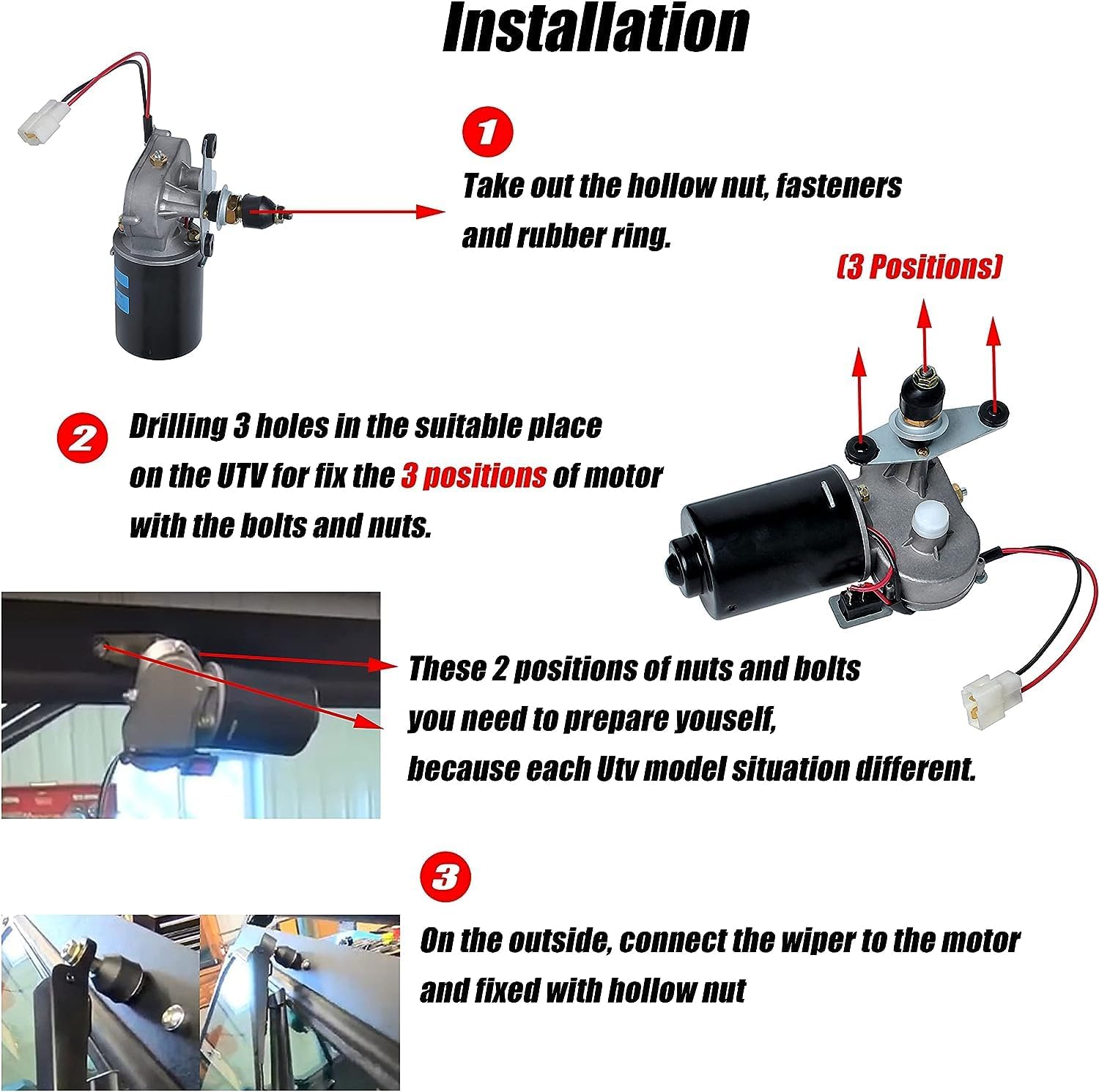 Universal UTV Windshield Wiper Kit, 2Pcs Electric 90 Degree 16" 12V Wiper Blade Motor Compatible With Polariss Kubotaa Kawasakii Kymcoo Can Am