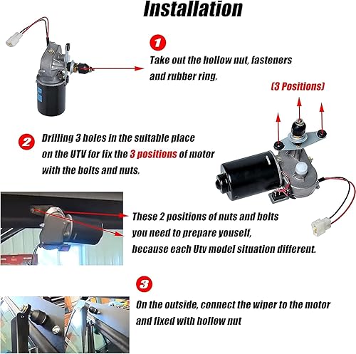 Miniatura 6 de UTV - Limpiaparabrisas (2 piezas) de 16 pulgadas y 12 V, kit de motor universal de limpiaparabrisas compatible con Polariss Kubotaa Kawasakii Kymcoo