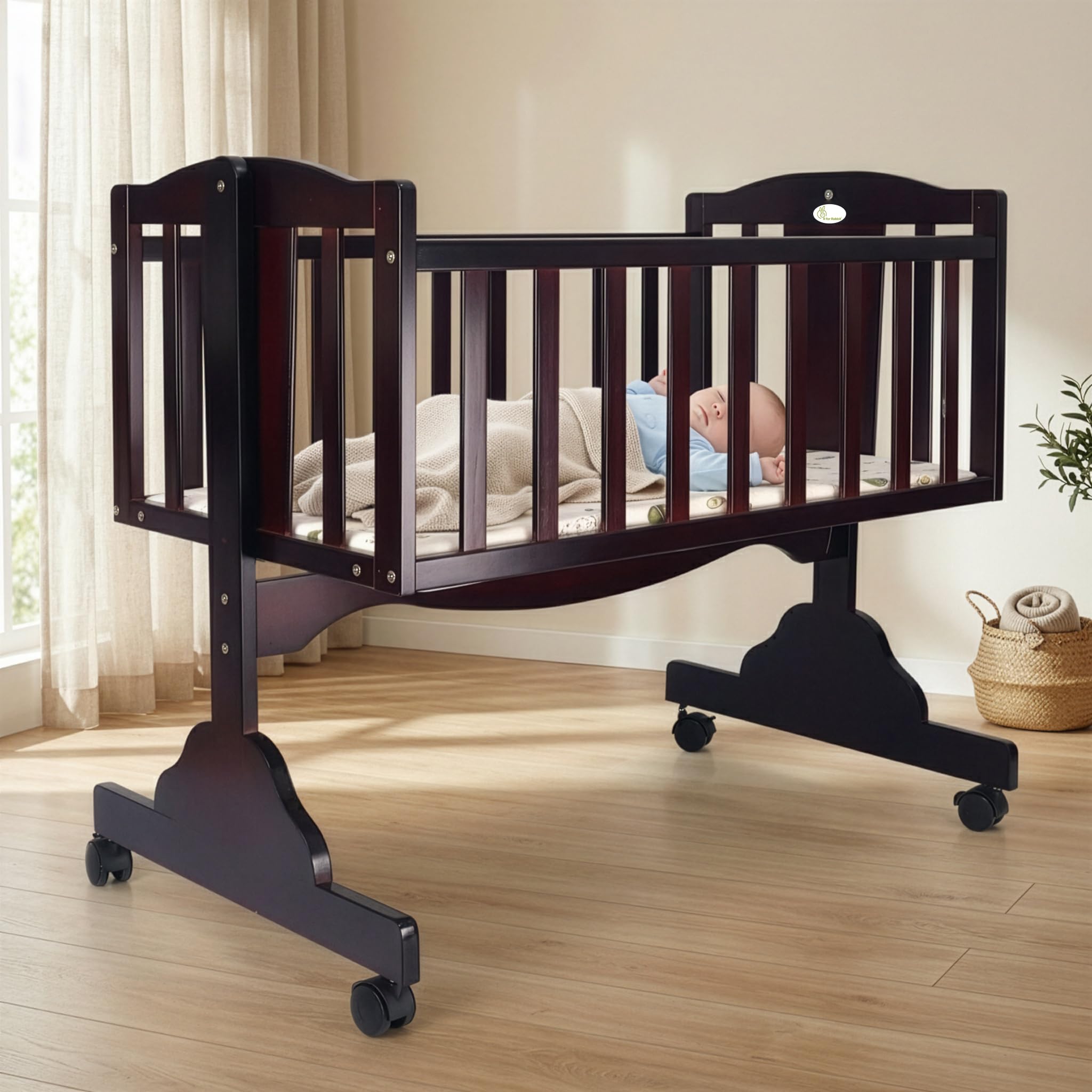 R for Rabbit Dream Time Baby Wooden Cradle, Cot & Crib for Newborn Kids Bedding Set, Sleep Swing with Wheel Lock Function, Age 0-6 Months Upto 20 Kg Weight Capacity (Brown)-image-9