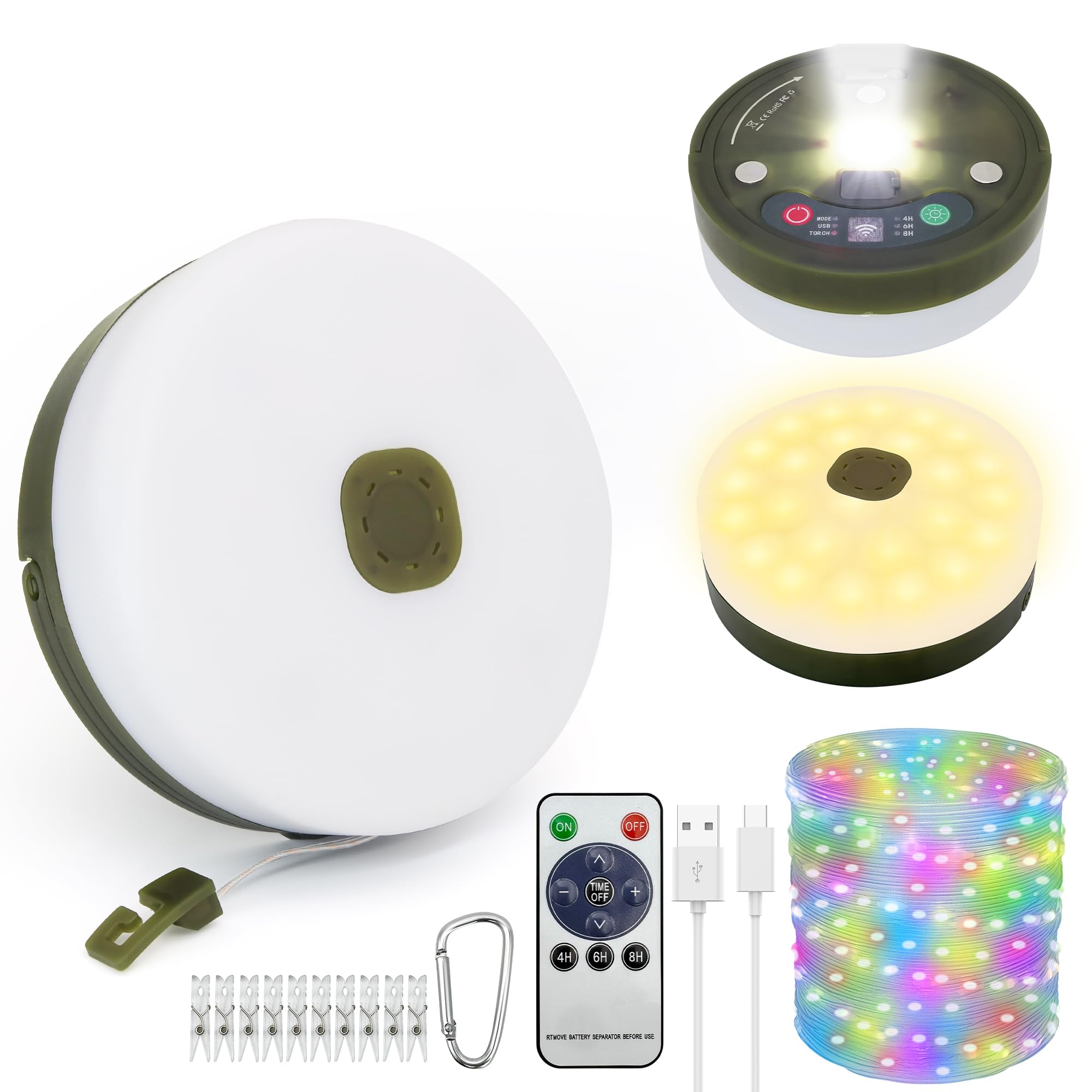 10m Retractable Camping String Lights,USB Rechargeable,1800mAh Battery,9 Lighting Modes,IP44 SplashProof, Stowable Portable for Camping,Tents,RV,Garden (RGB/USB Charge, 10m)
