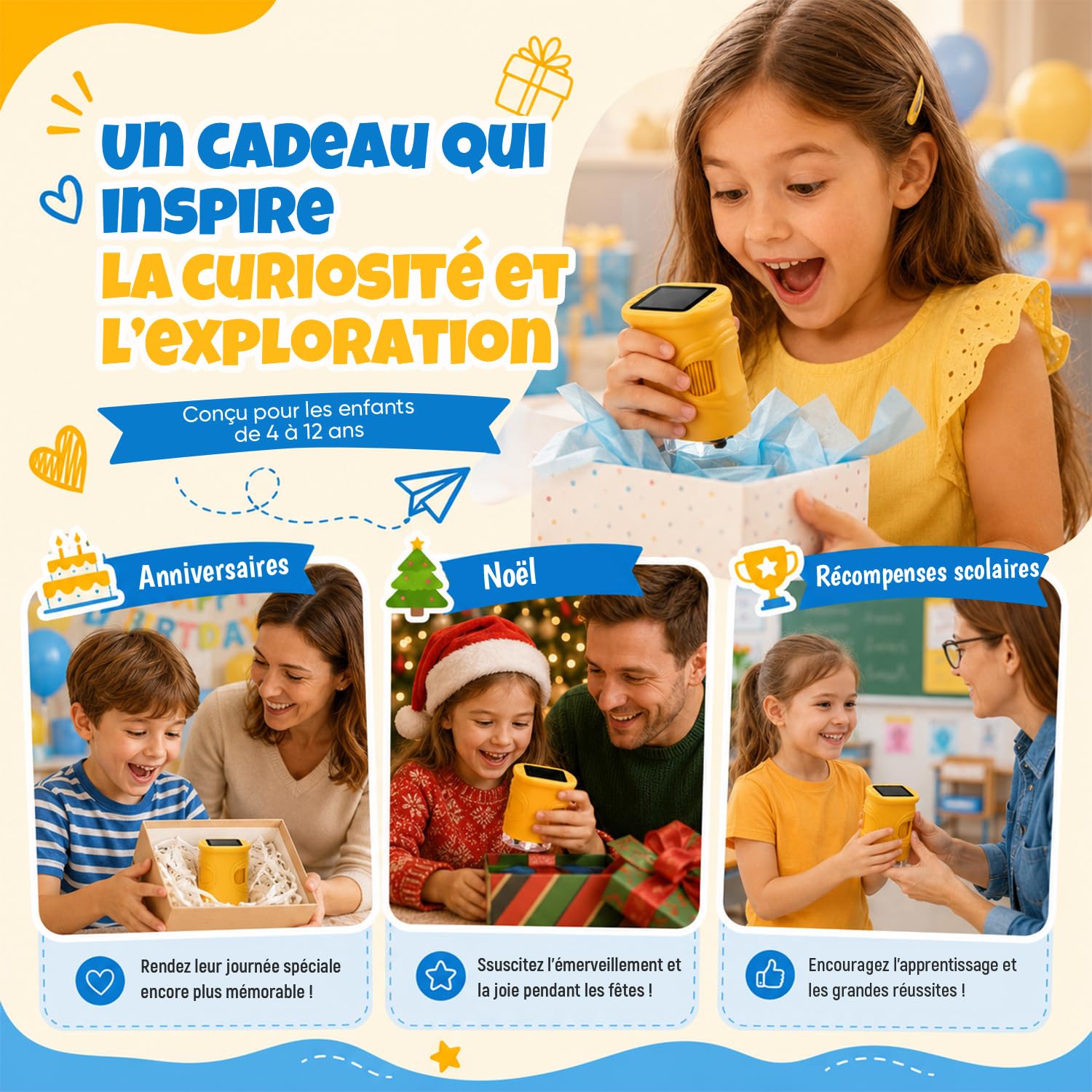 Microscope Numérique pour Enfants,1000X Mini Microscope de Poche Portabl, Éclairage 8 LED, USB Rechargeable,Cadeau de Noël et d’Anniversaire pour Enfants 3–12 Ans