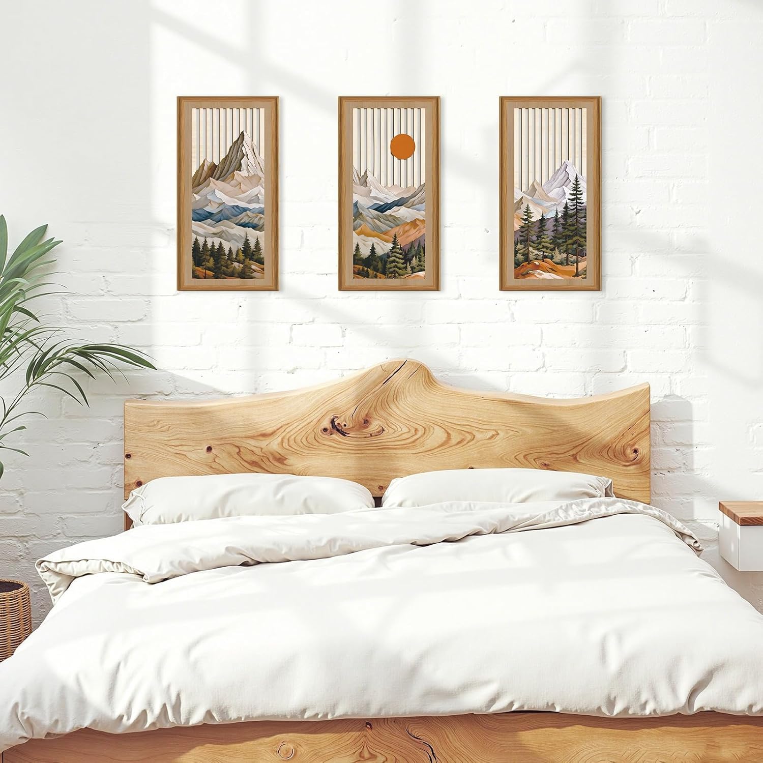 ANHUIB 3Pcs Boho Wooden Wall Art Set Abstract Mountain Wood Wall Art Modern Geometric Artwork Hollow Wall Decor Bohemian Sun Forest Wood Wall Decor Mountain Tree Hanging Decor for Living Room Bedroom - Image 4