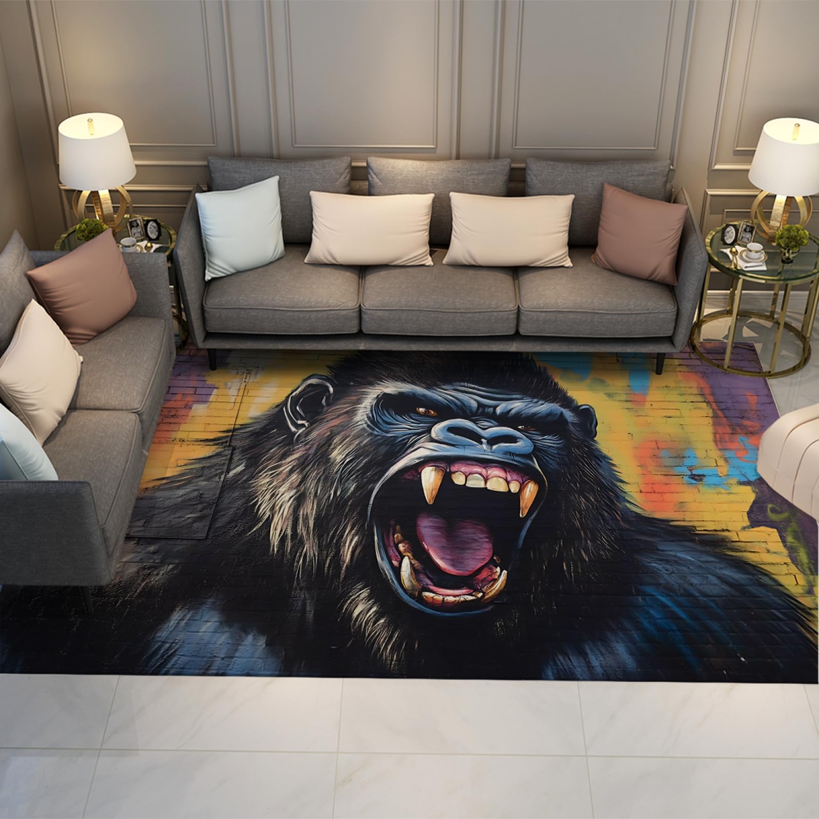 Tapis street art gorille féroce haut de gamme moelleux lavable 150x210