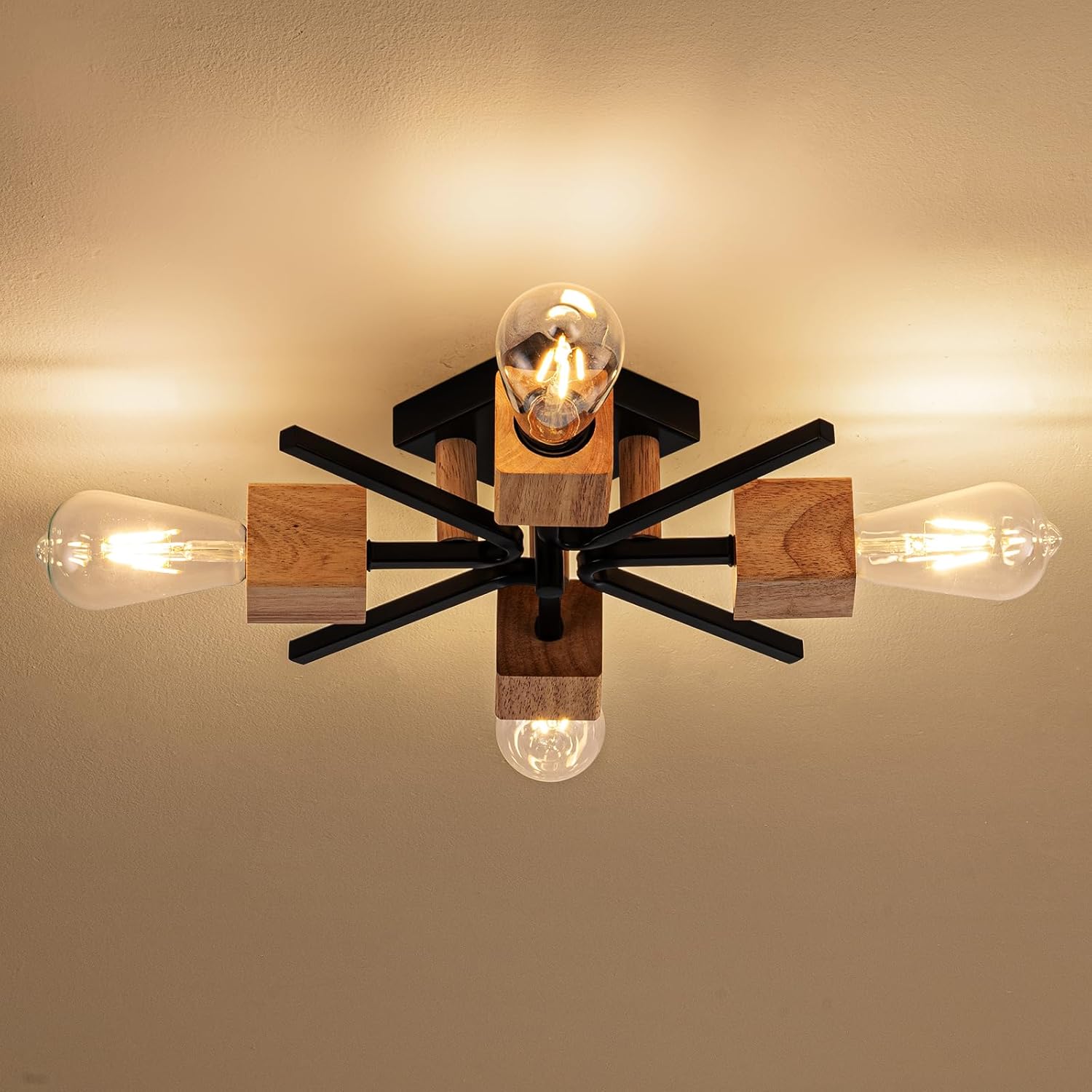 4 Light Sputnik Light Fixture Black Flush Mount Lights Industrial Ceiling Light Wood 22" Modern Farmhouse Ceiling Lights for Kitchen Bedroom Bathroom Foyer Hallway(E26)