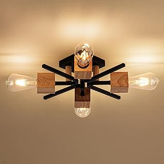 4 Light Sputnik Light Fixture Black Flush Mount Lights Industrial Ceiling Light Wood 22" Modern Farmhouse Ceiling Lights for Kitchen Bedroom Bathroom Foyer Hallway(E26)