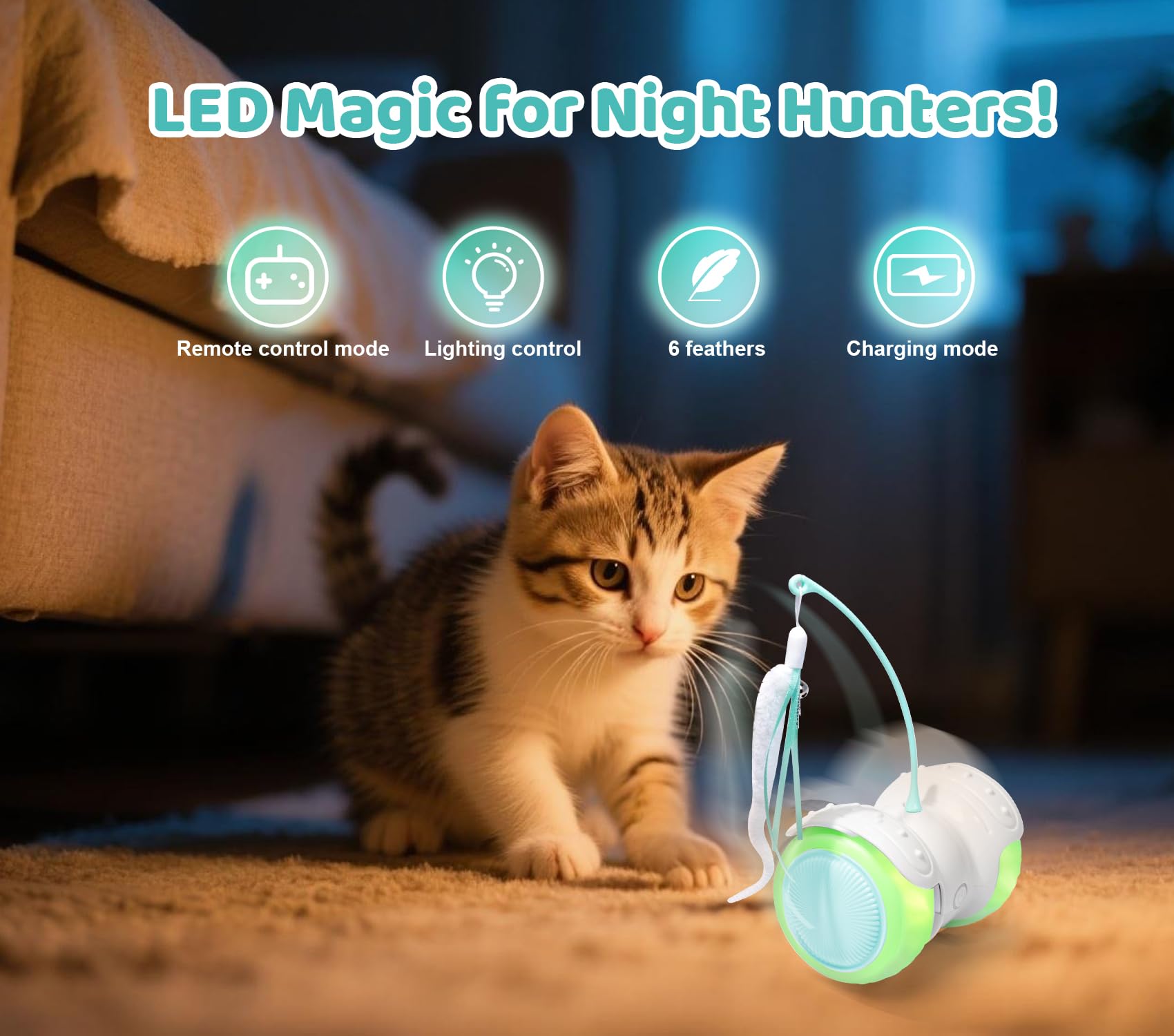 Giocattolo automatico per gatti: auto telecomandata con giocattoli di erba gatta per gatti - 2 modalità (automatica e manuale), 6 piume (2 infuse di erba gatta) e luci LED - mantiene i