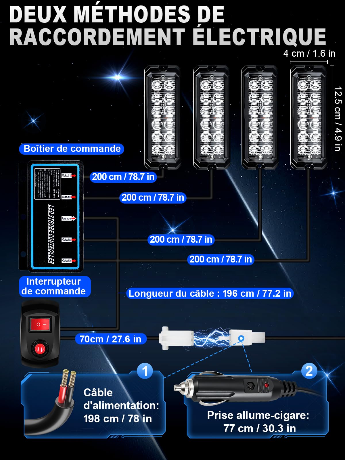 Dinfu 4 x 12 LED feux d'avertissement avant clignotants bleu, feux clignotants 12 V/24 V, 40 W feux clignotants avec 12 modes stroboscopiques rampe lumineuse pour voiture, camion, tracteur, véhicule