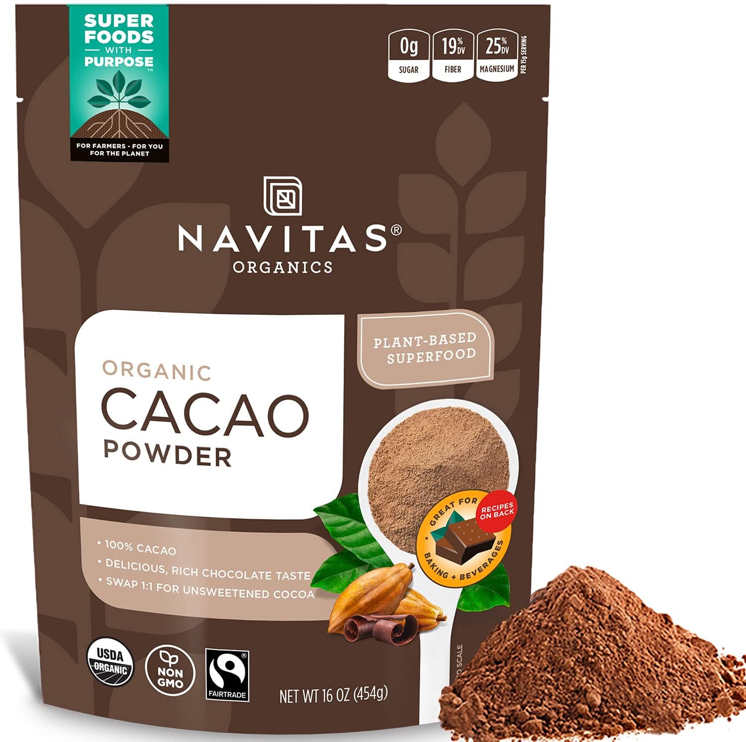 Navitas Organics Cacao Powder, Bags, 30 Servings, 1 Pound (Pack of 1), 16 Ounce
