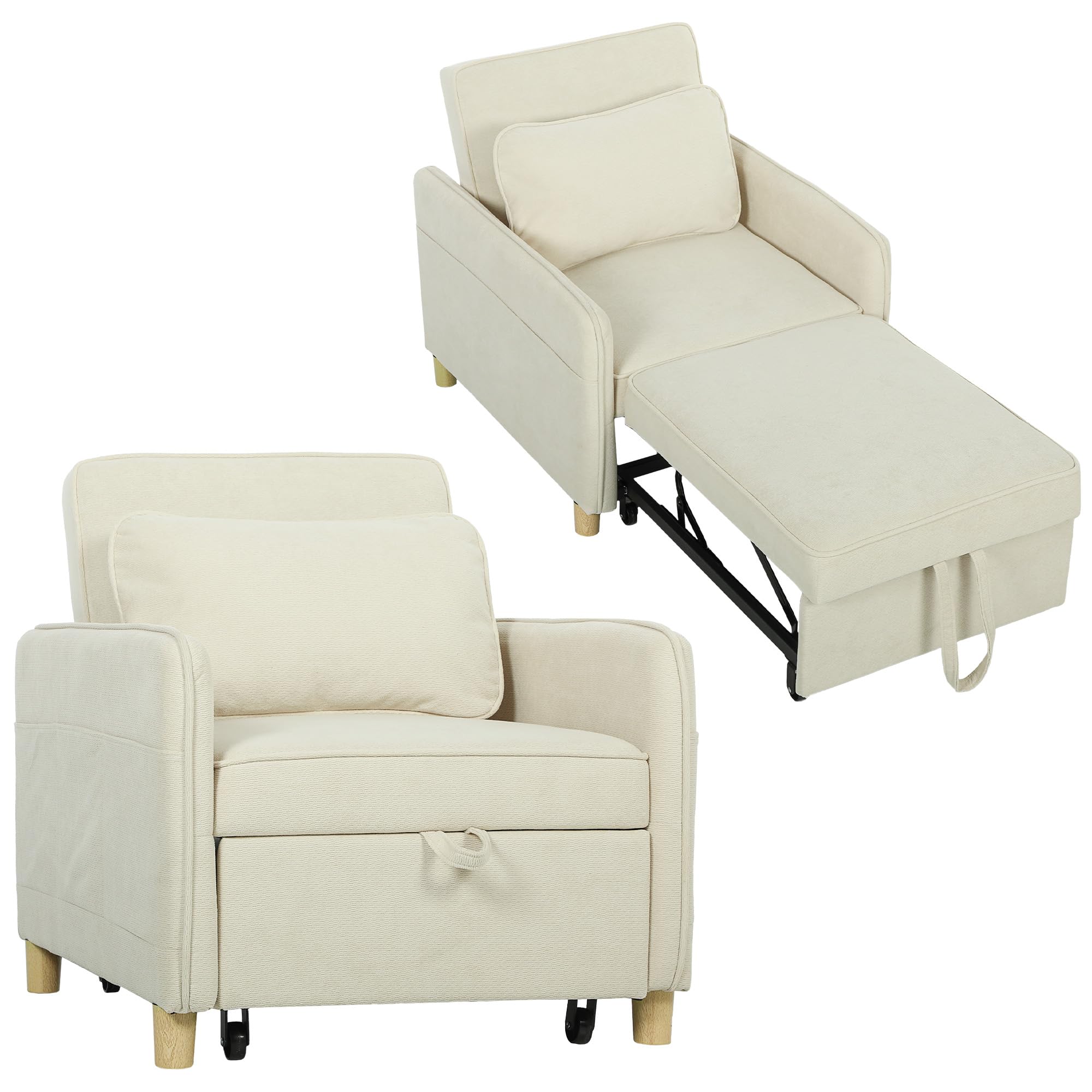 HOMCOM Fotel rozkładany 180x60cm 3 w 1 z funkcją łóżka, szerokie siedzisko, regulowane oparcie, poduszka lędźwiowa, sofa z kieszeniami bocznymi, aksamit kukurydziany do salonu, kolor beżowy
