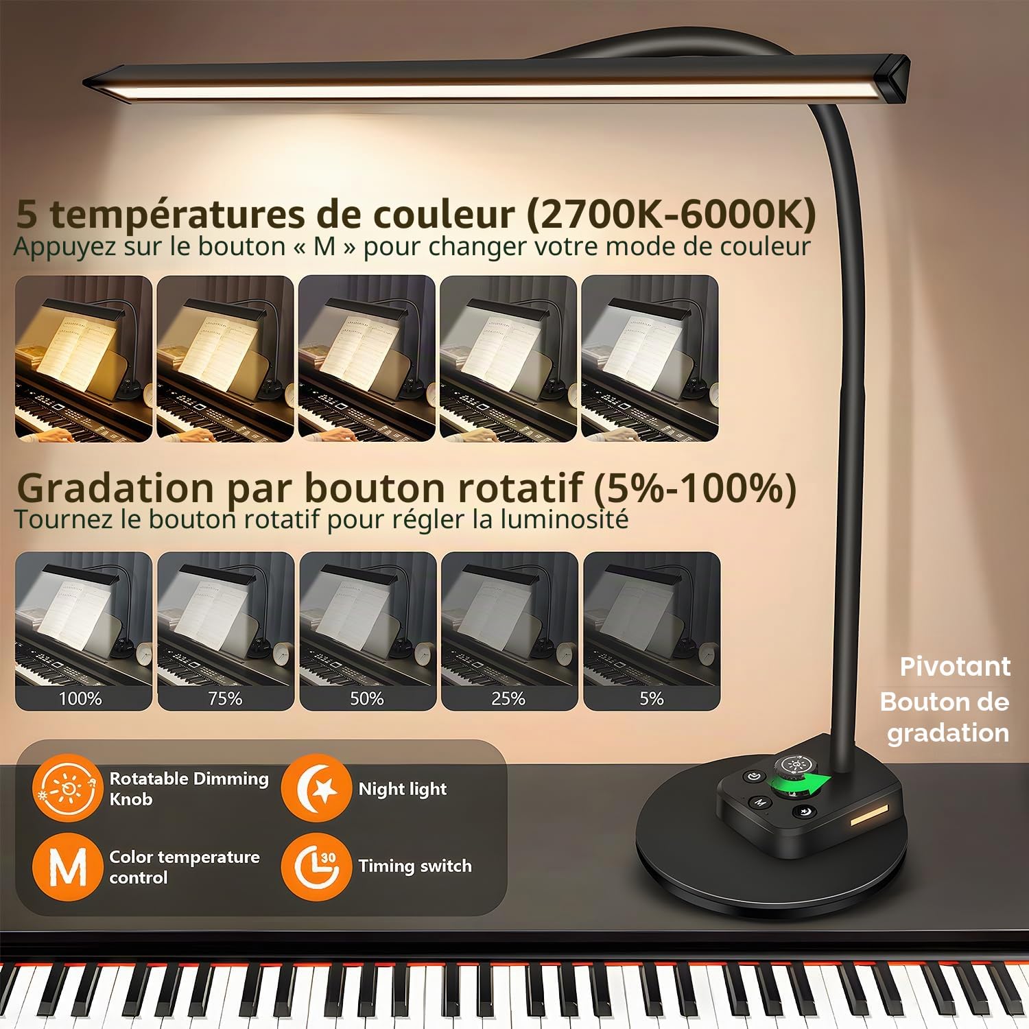 Lampe de piano LED améliorée pour piano à grand/droit et numériques, lampe de pupitre avec col de cygne réglable, minuterie d'arrêt automatique, 5 modes de couleur à intensité variable et port de