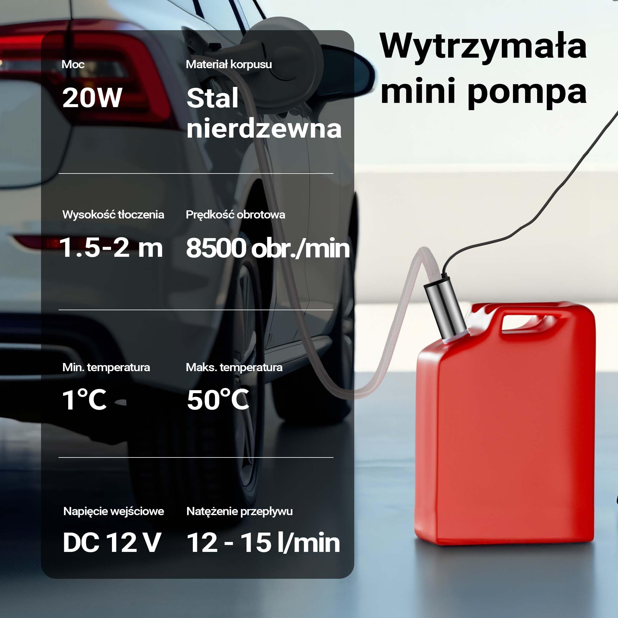 Mini pompa Wiltec 12-15 l/min 8500 obr/min 12 V, wylot 16 mm, pompa zanurzeniowa do wody i oleju napędowego, do spuszczania cieczy, odwadniania, pompowania ponad
