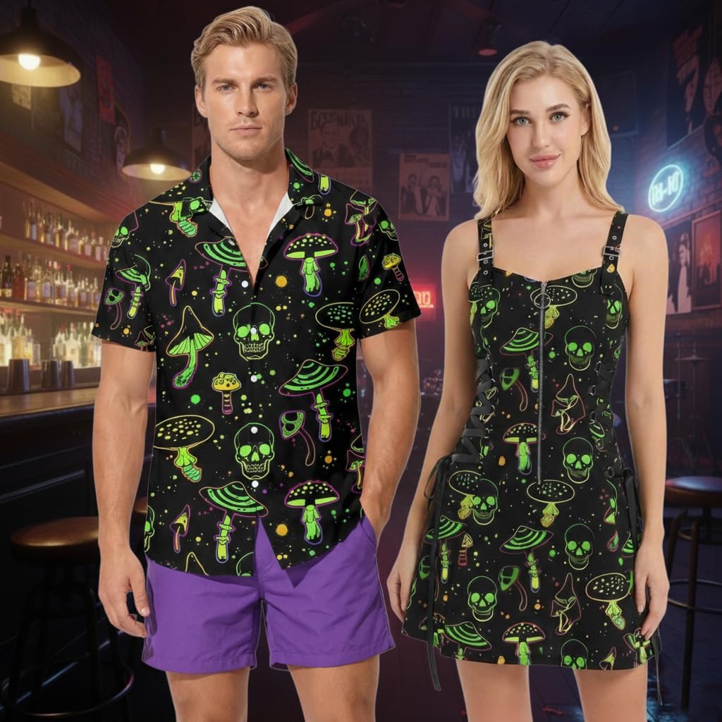 DRESSFO Matchable Couples' Outfit Nightclub Printed Button-up Shirt Or Half Zipper Lace Up Mini Dress - Image 7