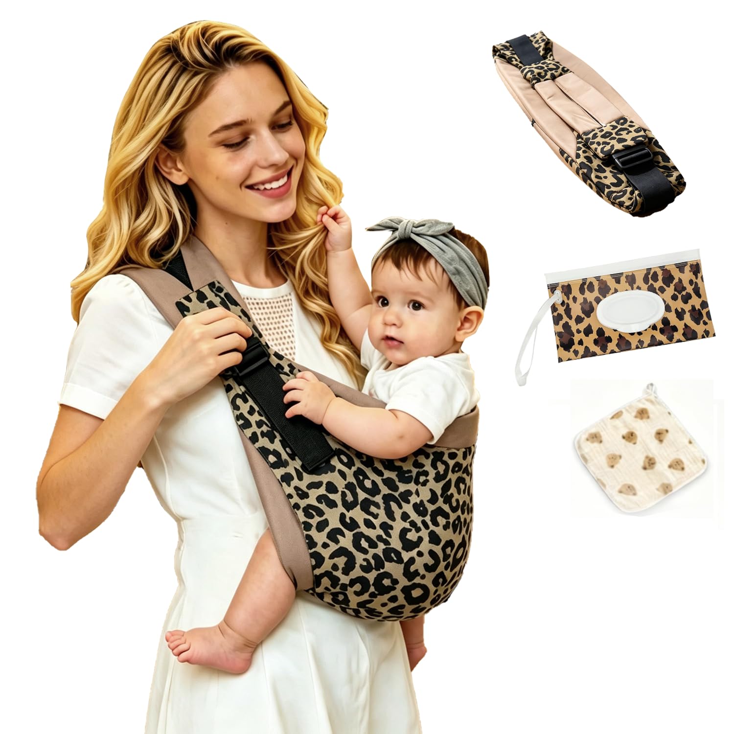 Baby Carrier Newborn to Toddler - Ergonomic, Cozy and Lightweight Infant Carrier for 3-20kg, Effortless to Put On, Ideal for Hands-Free Parenting, Enhanced Lumbar Support (Leopard)