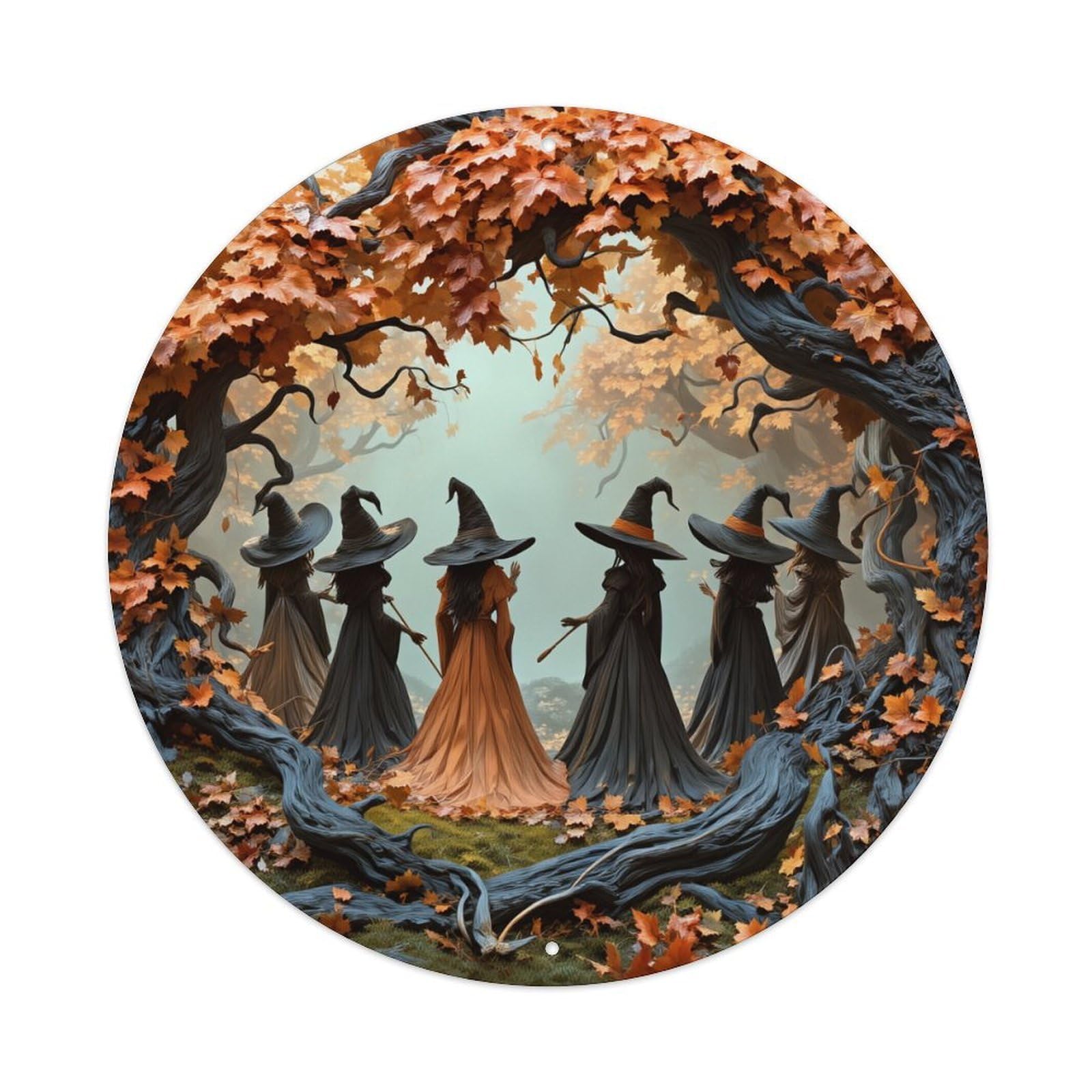Witches Circle Autumn Leaves Tree Round Tin Sign Retro Metal Sign for Cafe Bar Pub Home Game Room Gym Club Wall Decoration Vintage Metal Poster 8x8 Inch