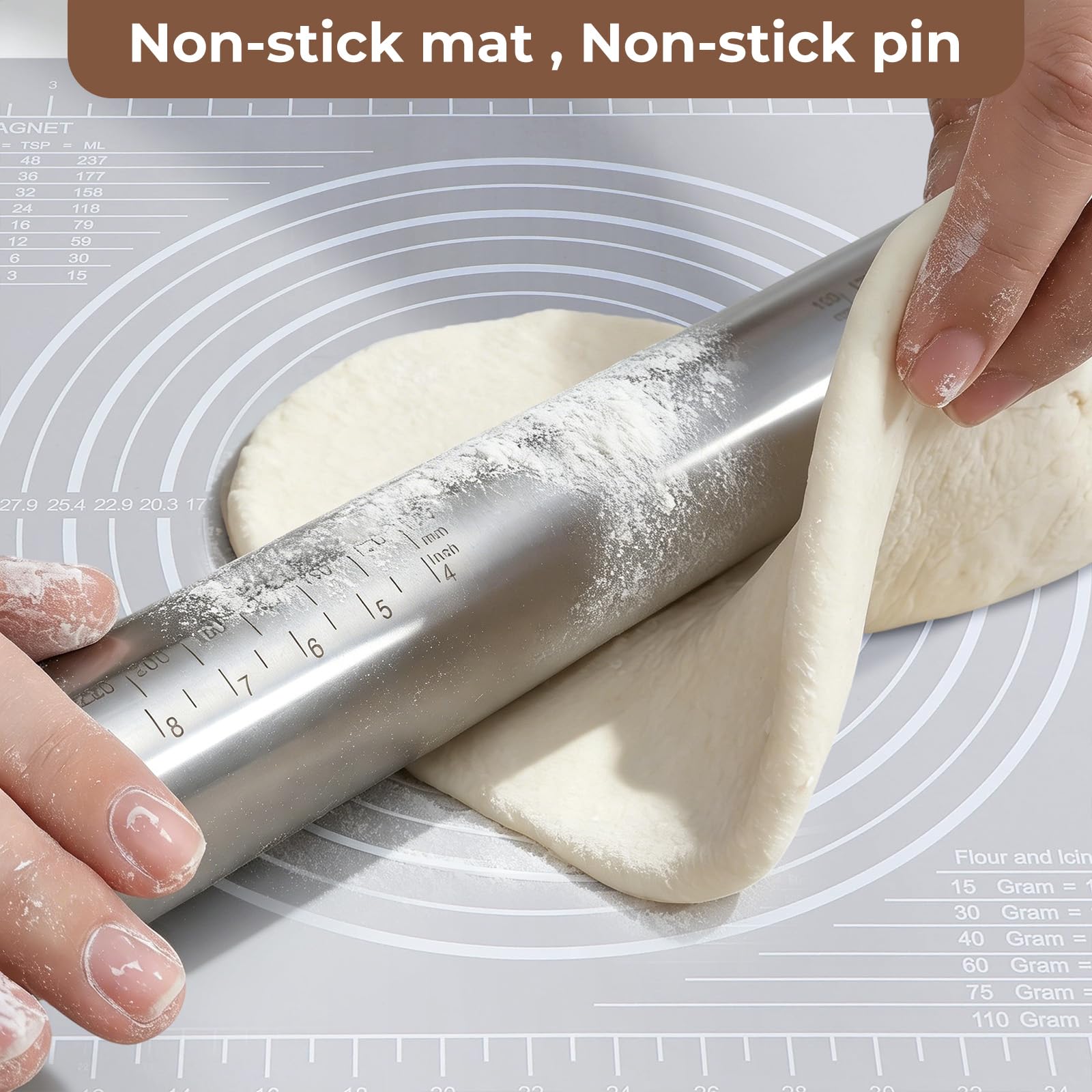 SUPER KITCHEN Mattarello in Acciaio Inox Con 5 Dischi Regolabili Anello, Stuoia di Rolling della Pasticceria del Silicone Antiaderente Tappetino da Forno Spianatoia per Impastare (50x40cm, Grigio)