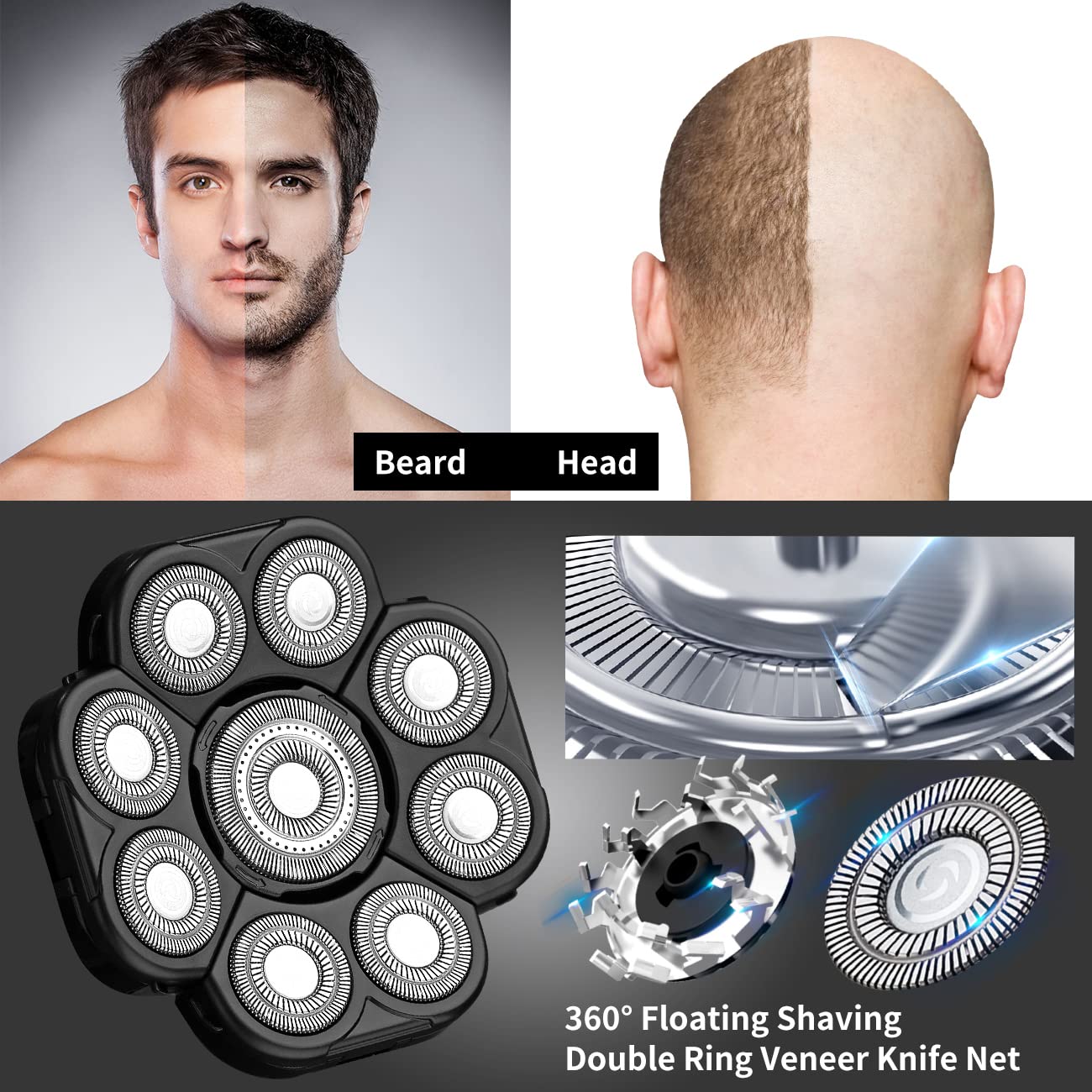 Afeitadora de cabeza de 9 cuchillas para hombre, cabezales de repuesto universales de repuesto para maquinilla de afeitar eléctrica para hombres
