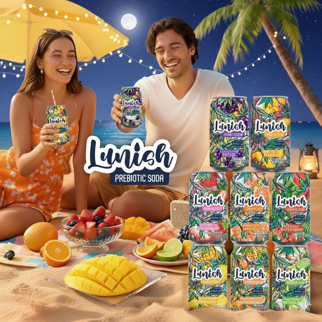 Lunish Prebiotic Soda Orange, Light & Refreshing Low Sugar Soda with 4g Prebiotic Fiber, Apple Cider Vinegar, 20 Calories, 12 Pack