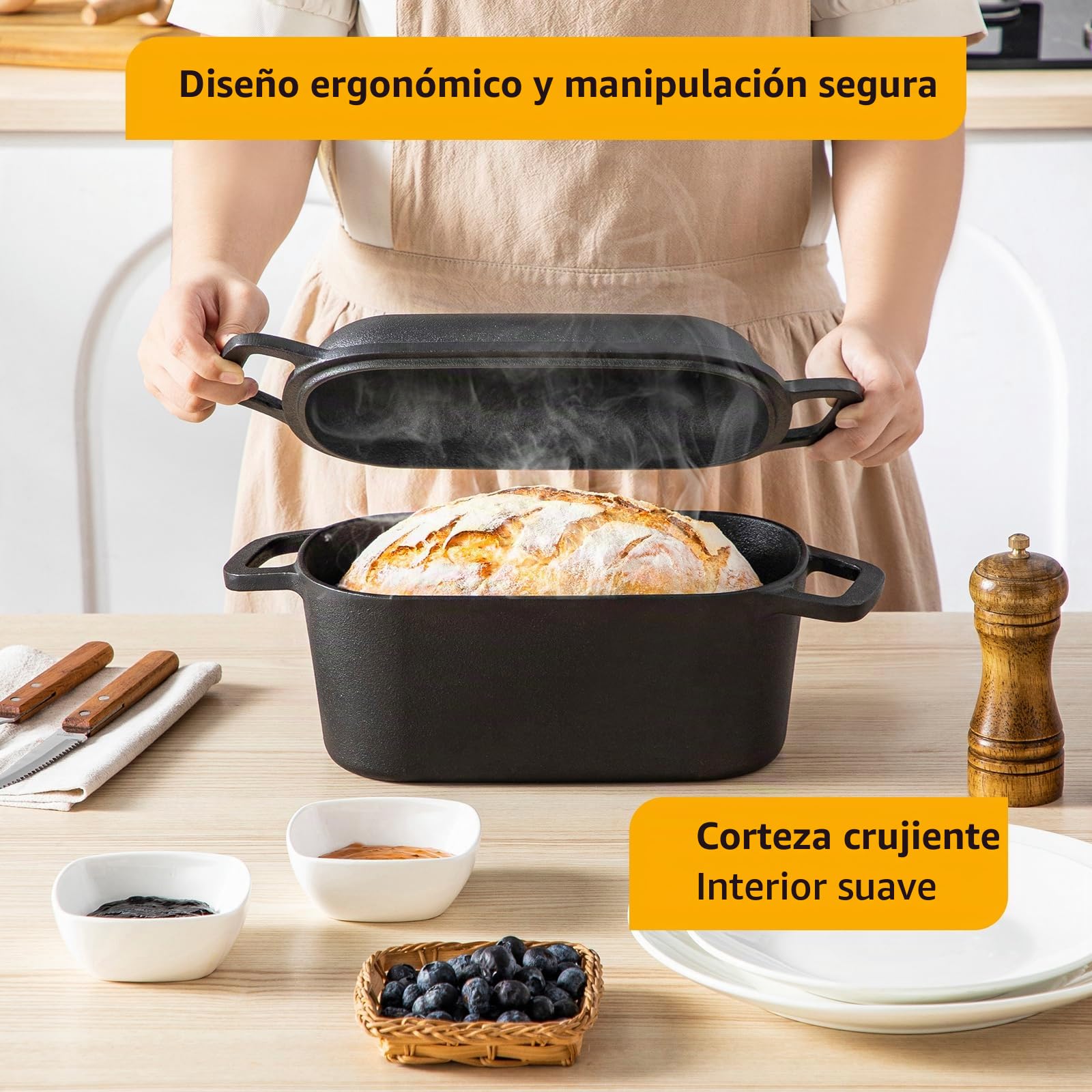 Velaze Olla de Hierro Fundido para Pan 3.4L - Cacerola Holandesa Rectangular 27x15 cm con Tapa, Interior Cremoso Antiadherente - Adecuada para Inducción (Negro)