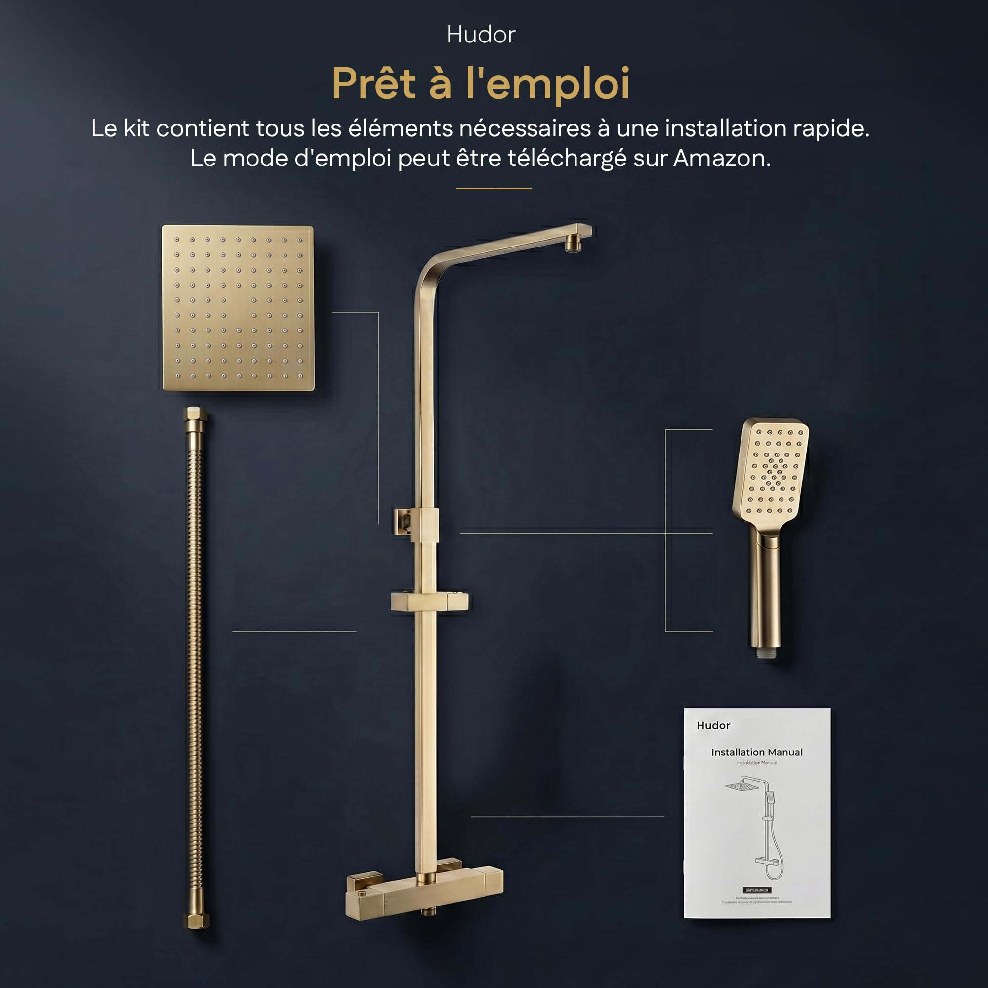 Colonne de douche thermostatique SC428DB – Laiton doré brossé (Or Mat) – Collection Scamandre – Raffinée et durable