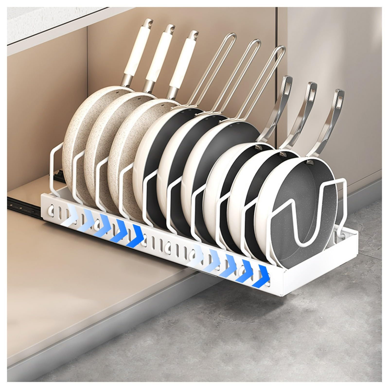 Scolapiatti,Organizer per pentole e padelle sottopensile,portacoperchi Estraibile Profondo 20,5" con Guide adesive,Contenitore pentole,teglie,Piatti,9 divisori Regolabili(Bianco)