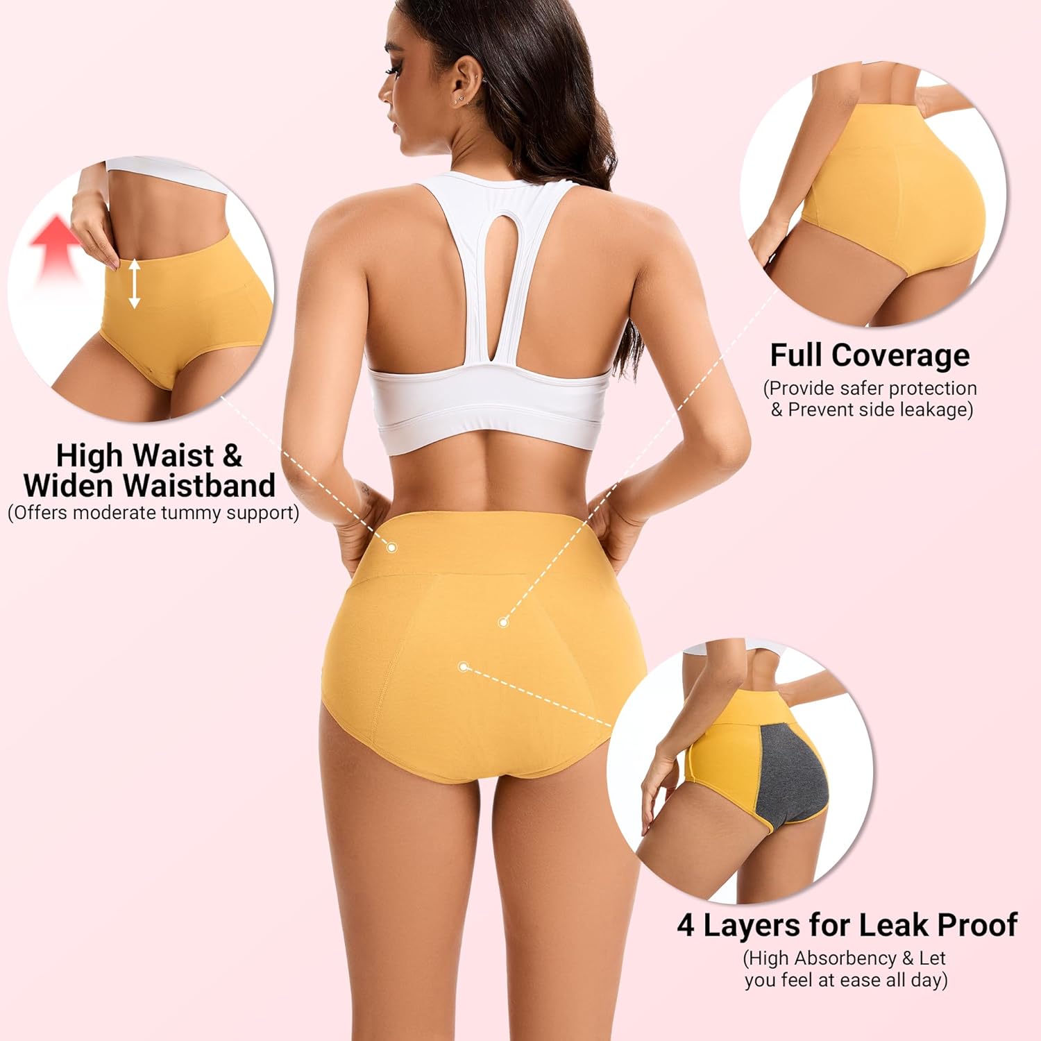 HATSURE Period Underwear for Women Heavy Flow Cotton Leakproof Panties High Waist Incontinence Briefs 4 Pack - Image 3