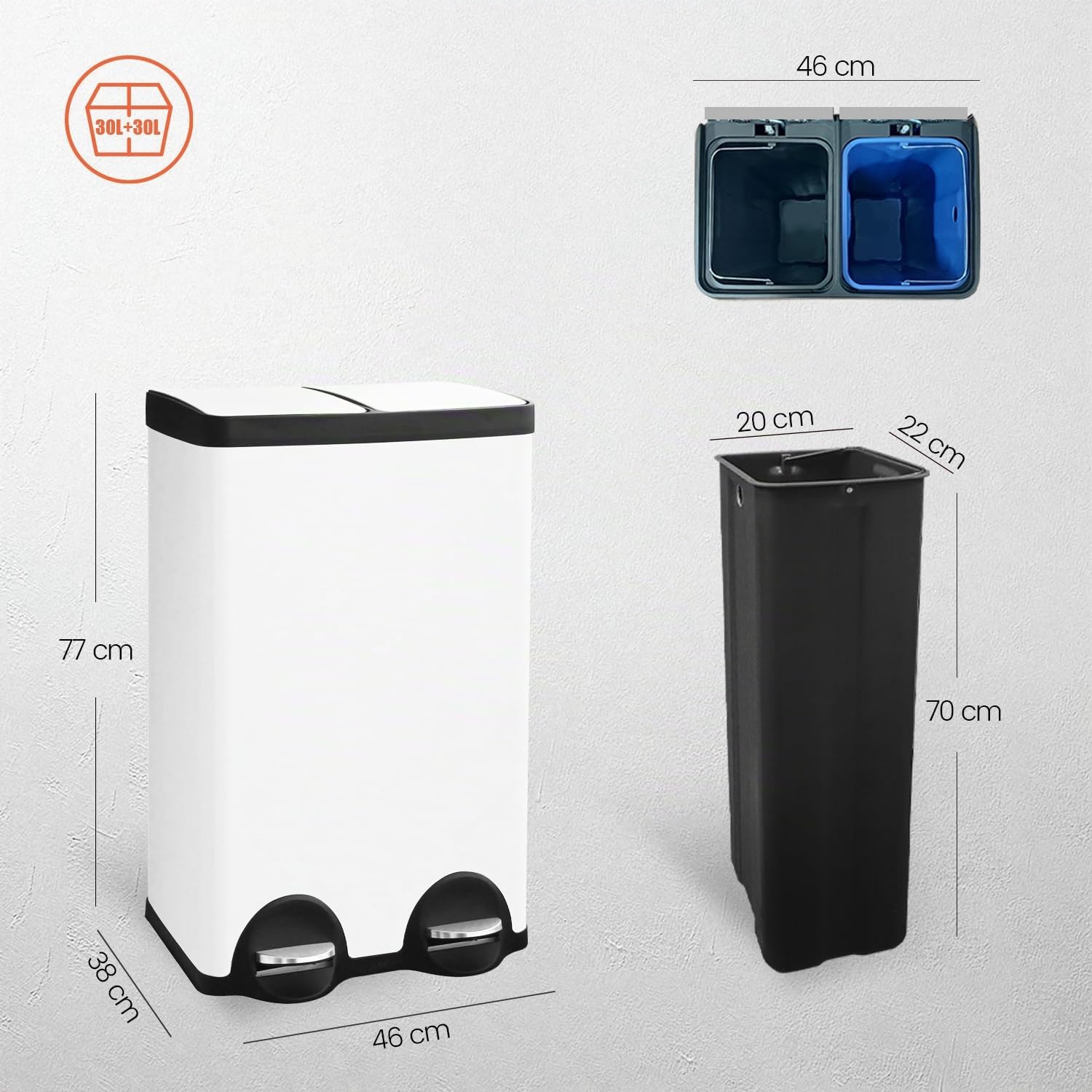 Mülleimer 60L, Mülleimer 2 Fächer 2x30L, Mülltrennsystem, Weiß