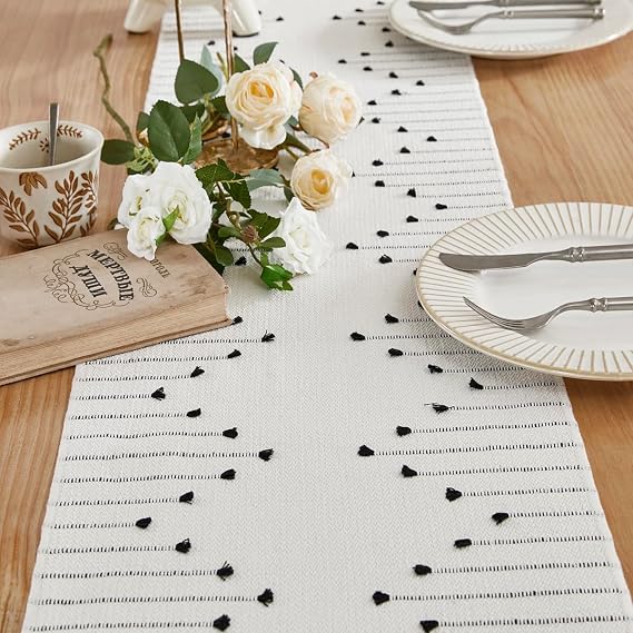 Wracra Boho Table Runner, Black Woven Table Runners 48 Inches Long