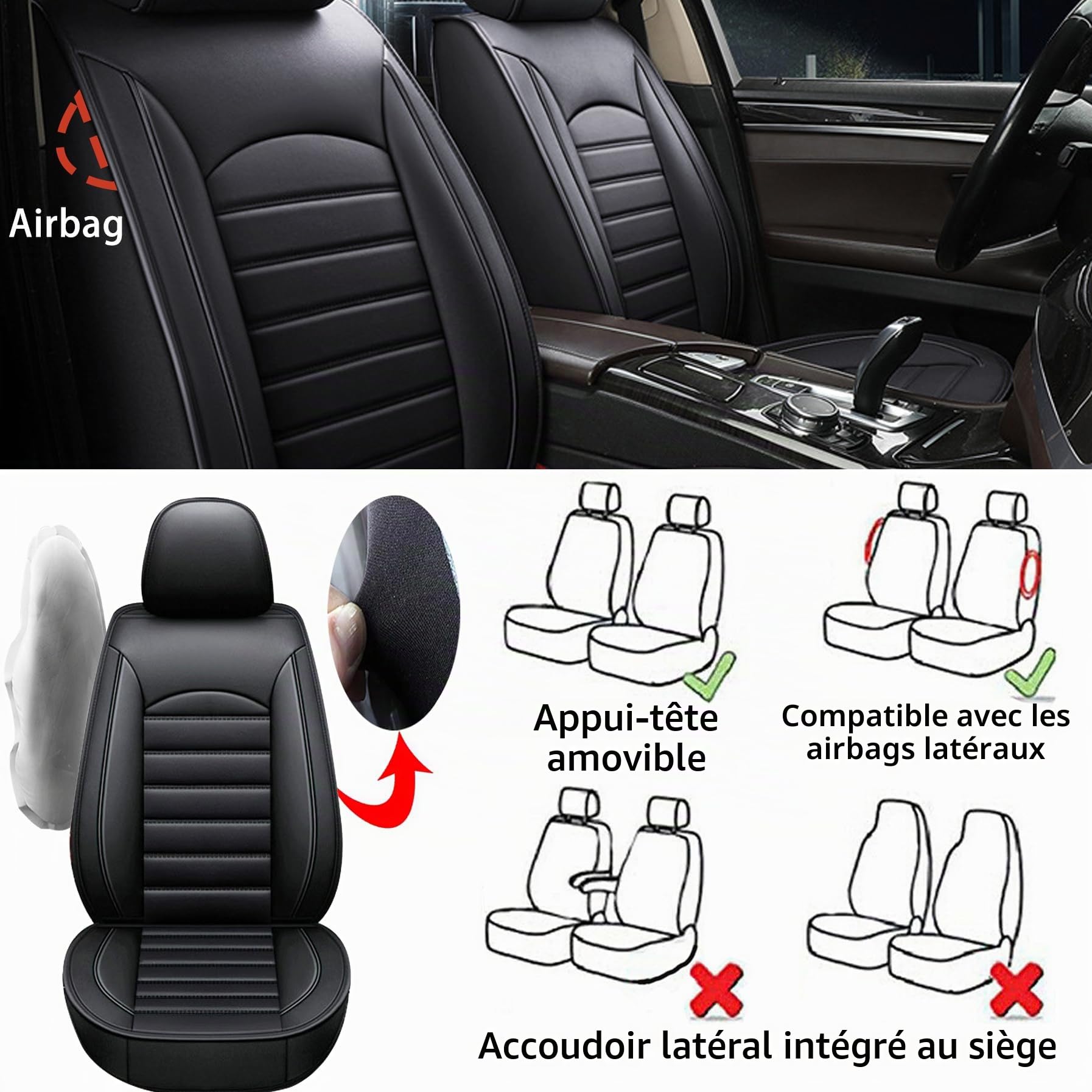 Lot de 2 housses de siège de voiture universelles en cuir pour Mercedes Benz Classe B, Classe C, Classe E, GLB, GLK, GLC, GLE (noir)