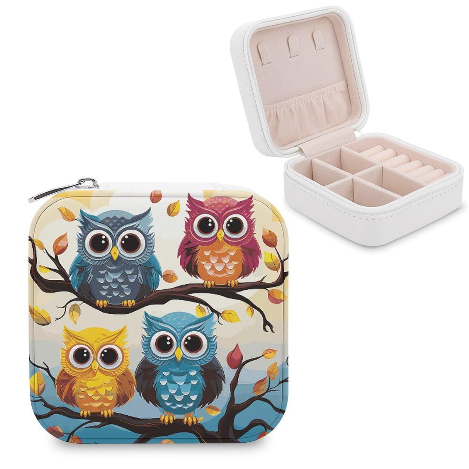 JTREHY Travel Owls on Tree Branches Jewelry Case Portable Display Storage Box PU Leather Mini Jewelry Travel Case Personalized Travel Jewelry Organizer Small Jewelry Box for Women