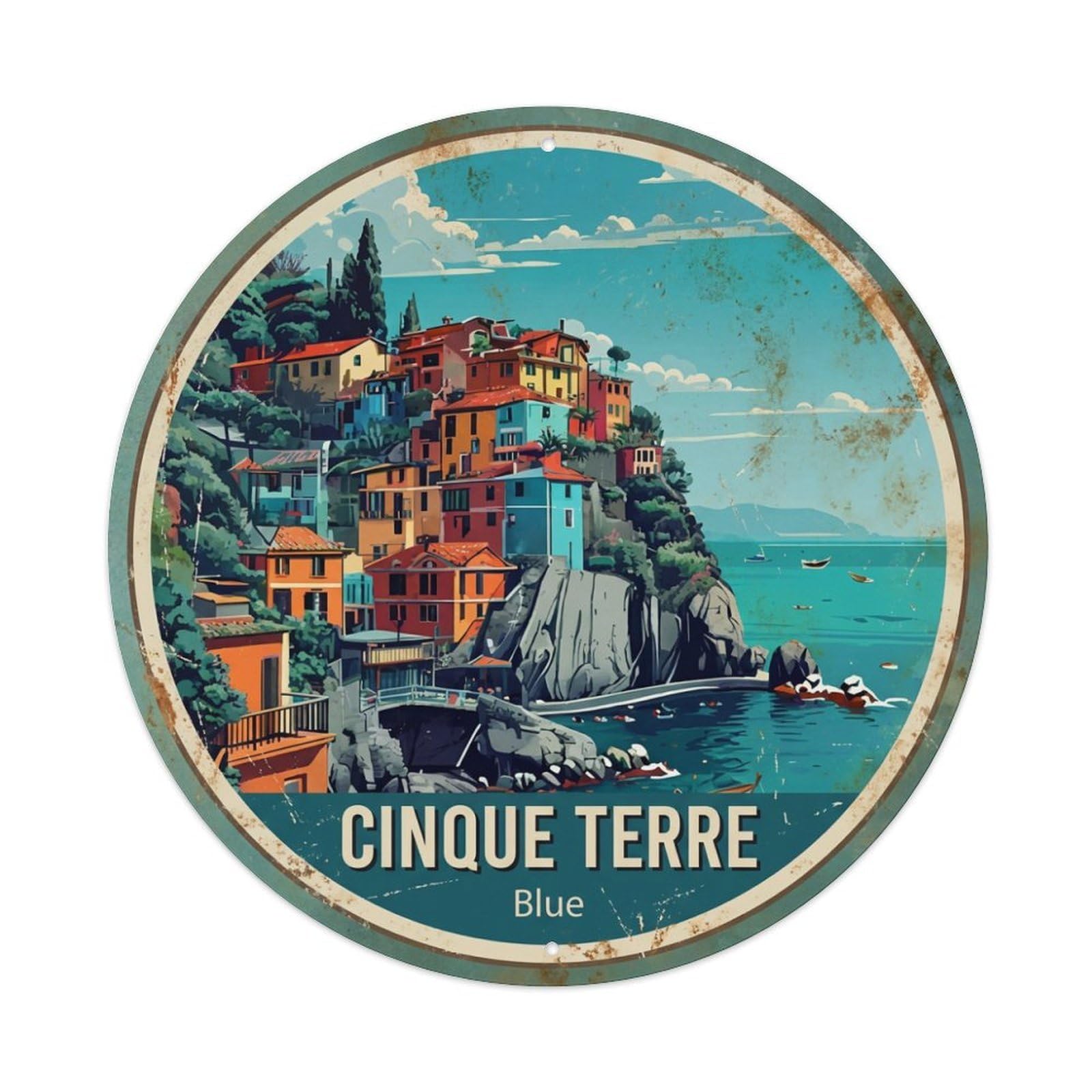 Vintage Travel Cinque Terre Italy Azure Metal Tin Sign