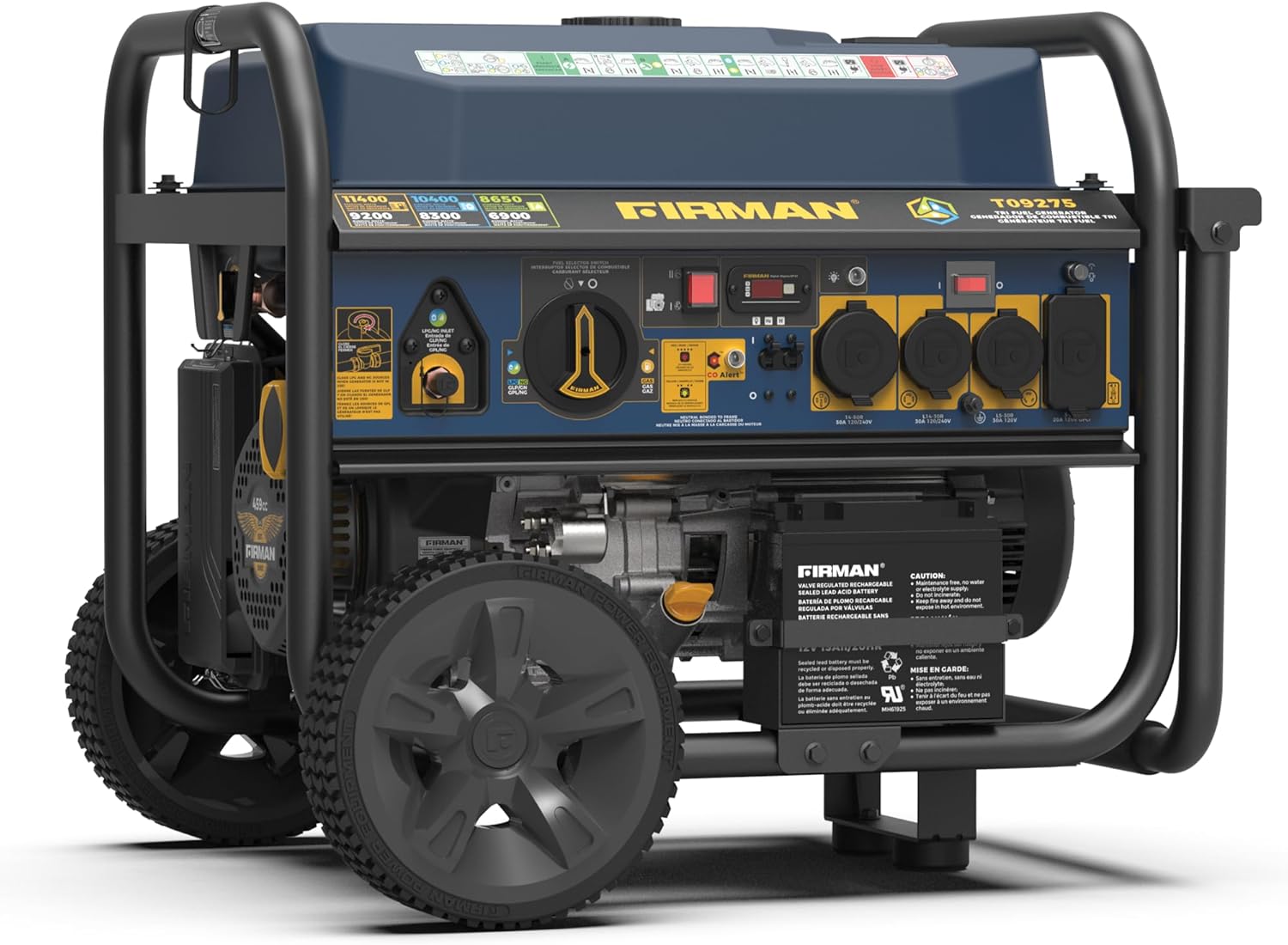 FIRMAN T09275 Tri Fuel Portable Generator, 11400W Electric Start, 120V/240V, CO Alert, 459cc Engine, 9-Gallon Tank, 11 Hrs Runtime, Wheel Kit, Ideal for Home Backup, RV, Camping & Emergency Power