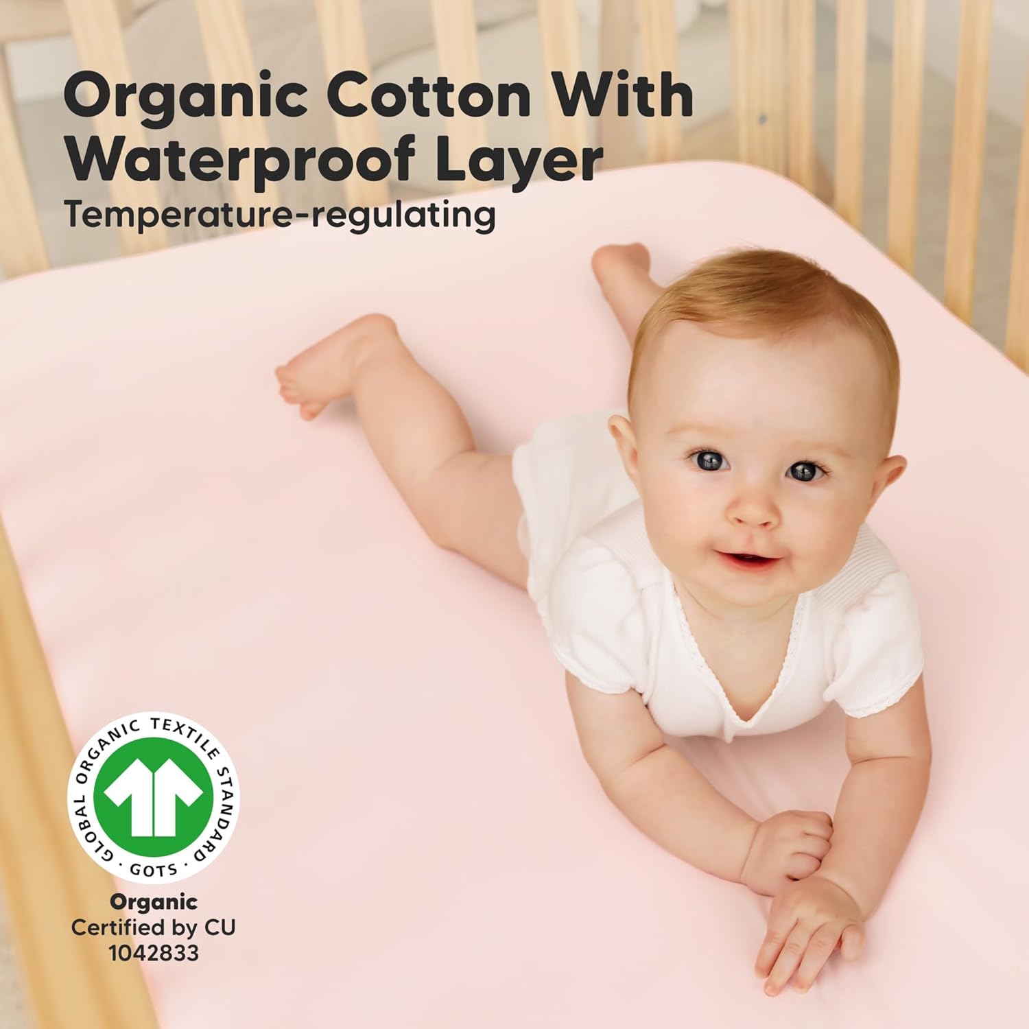 2-Pack Waterproof Crib Sheets for Boys, Girls - 52x28 Fitted Organic Cotton Baby Crib Sheets, Toddler Mattress Protector Cover, Washable, Soft & Durable Baby Bedding Essentials (Mist Rose) - Image 2