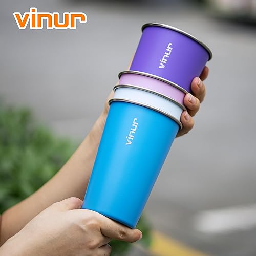 Miniatura 5 de VINUR Vasos de acero inoxidable de 16 onzas, paquete de 4 vasos de pinta apilables de metal para viajes, campamento, exteriores (morado, rosa, azul