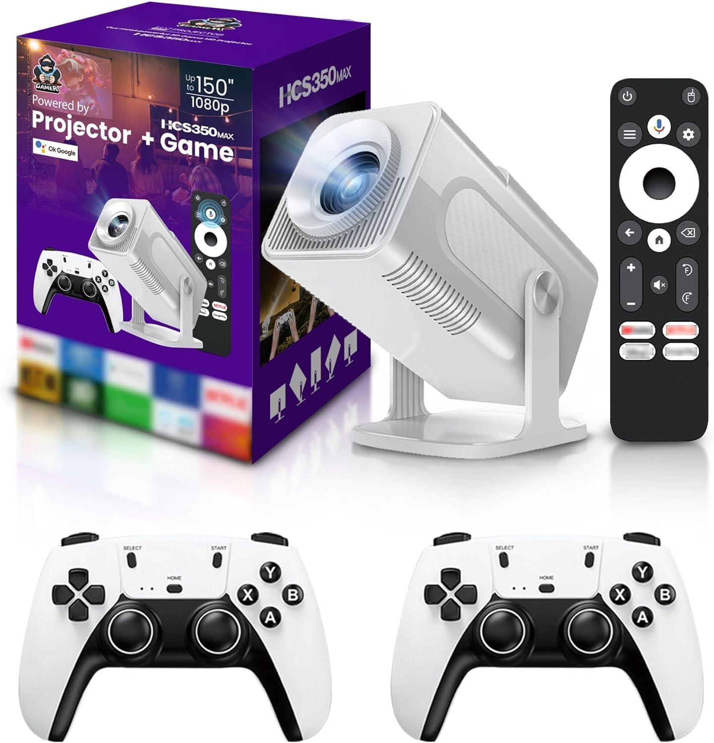 HCS350 Pro Gaming Projector, 4K Retro Smart Gaming Projector 1280x1080P 30000 Built-in Games, Portable Video Game with 2 Wireless Controllers, WiFi 5G, Bluetooth, HDMI, Android 12