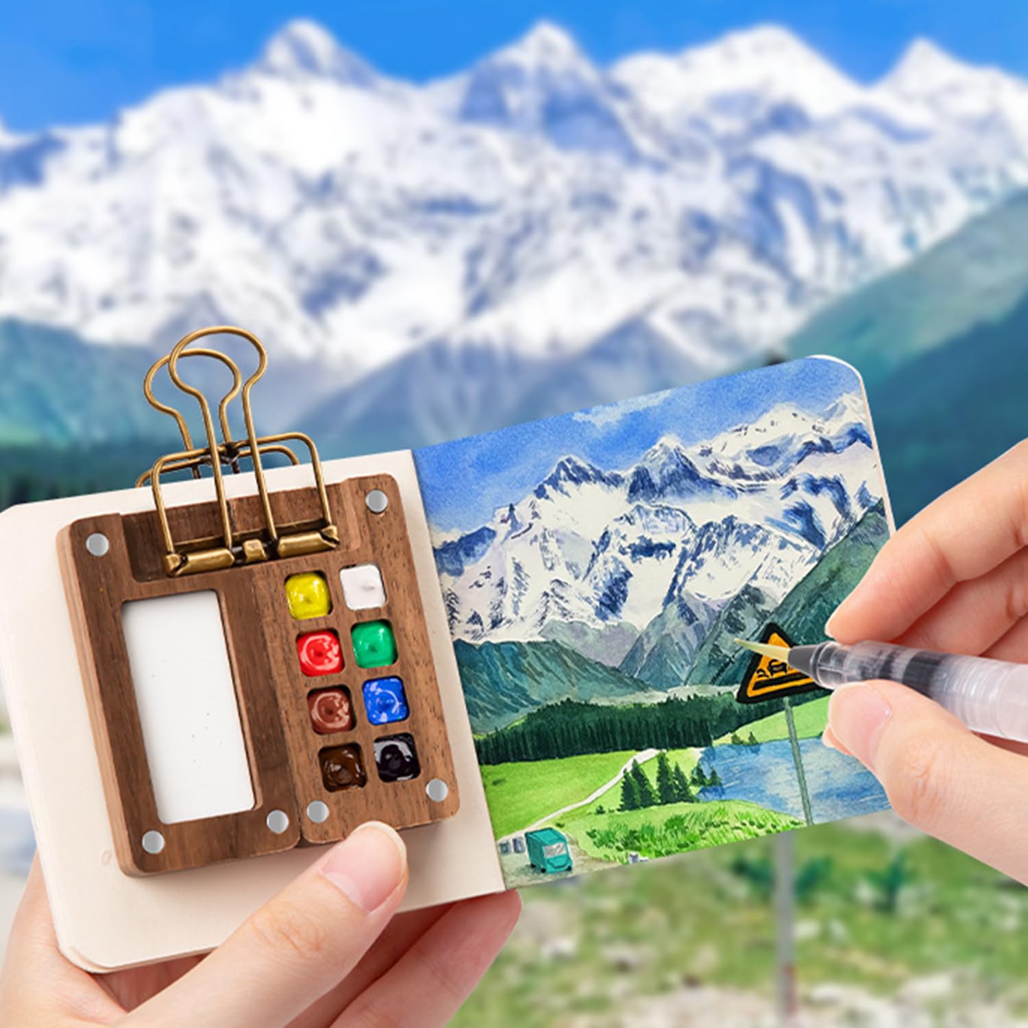 Mini-Reise-Aquarell-Set, Taschenkünstler, Aquarell-Reiseset, Gitterpalette, Skizzenbuch mit Binder-Clips, Kunstmalerei-Set für Maler, Künstler, Studenten