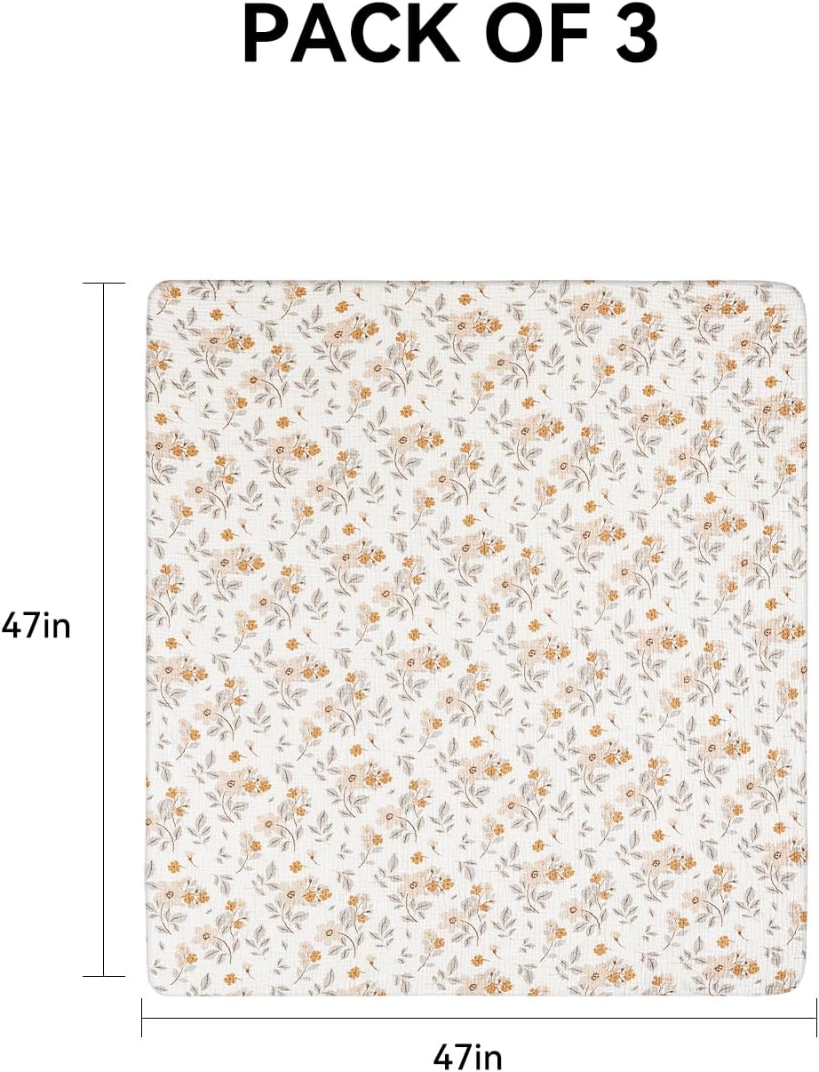TILLYOU 3 Pack Muslin Swaddles for Newborns Baby Blankets for Girls Boys Cotton Swaddle Blankets 47"X47", Yellow Flower