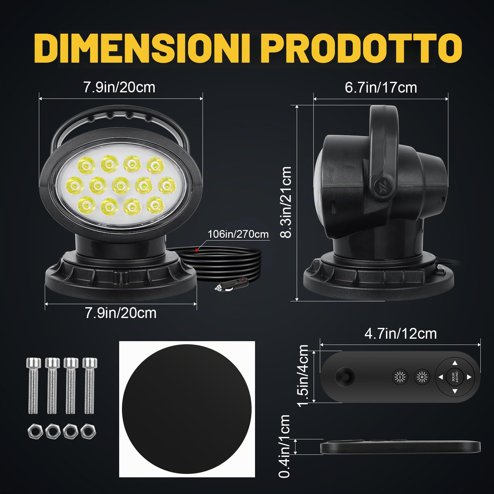38W Luce di Ricerca con Telecomando, Luce Lavoro LED Rotante 360° | Modalità Strobe, Forti Magneti Incorporati, Luminosità Regolabile, Faro Spot 12V 24V per Camion, Barche, Caccia