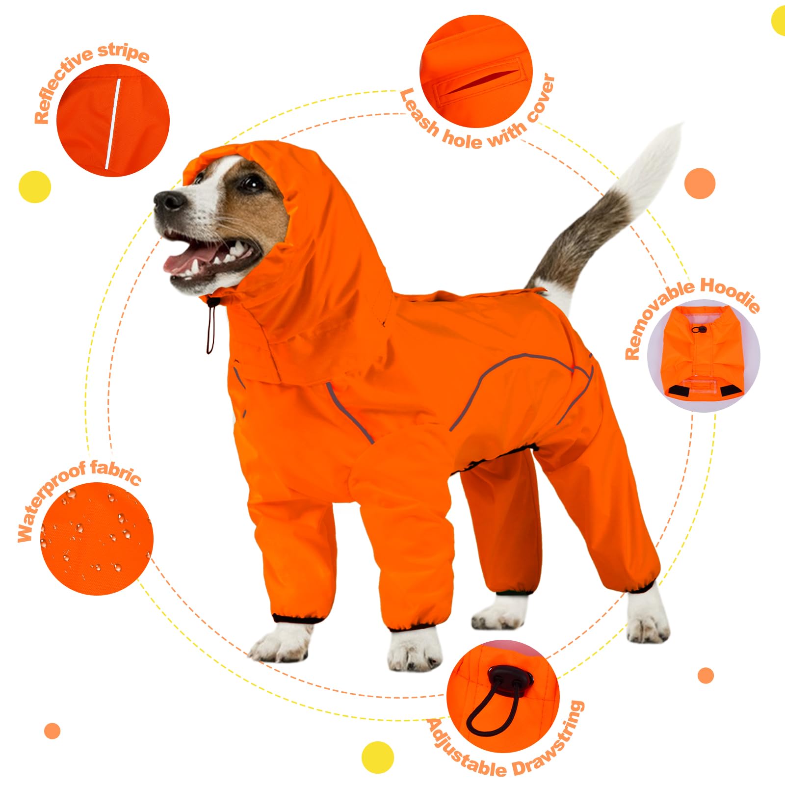Impermeable para Perro, Chaqueta Impermeable para Perro con Capucha extraíble, Poncho Ajustable de 4 Patas para Mascotas con Agujero para Correa, Rayas Reflectantes con Capucha, a Prueba de